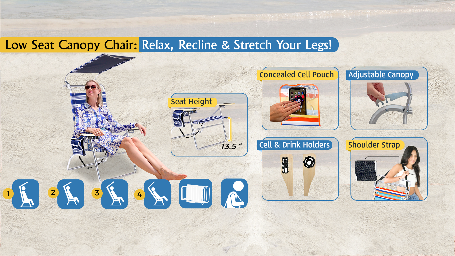 thumbnail video image 2 of Deluxe 4 Reclining Position Aluminum Canopy Beach Chair for Adults | Mid-Height Seat, 2 of 9