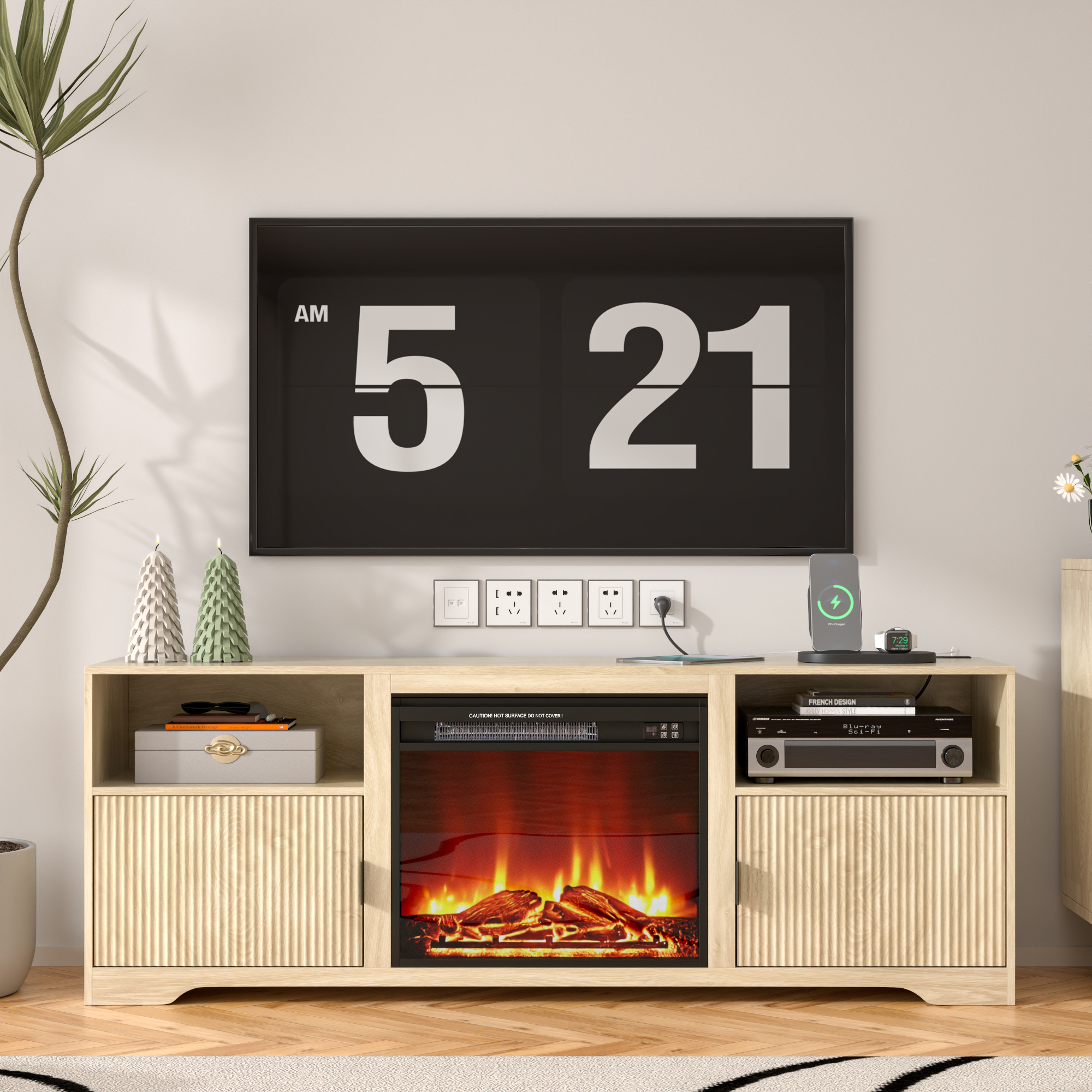 thumbnail video image 2 of Lisicues Fireplace TV Stand for 80 Inch TV, 68" Farmhouse Entertainment Center with 23" Electric Fireplace Heater, Wood Media Console Cabinet with Storage Shelves & Cord Holes for Living Room Bedroom, 2 of 9