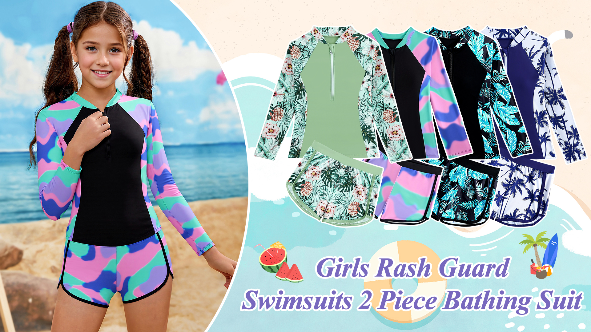 thumbnail video image 2 of Happy Cherry Girls Two Piece Bathing Suits Long Sleeve Rash Guard Toddler Tankini Swimsuits Summer Surf Suit Modest Swimwear with Built in Bra 7-8 Years, 2 of 7