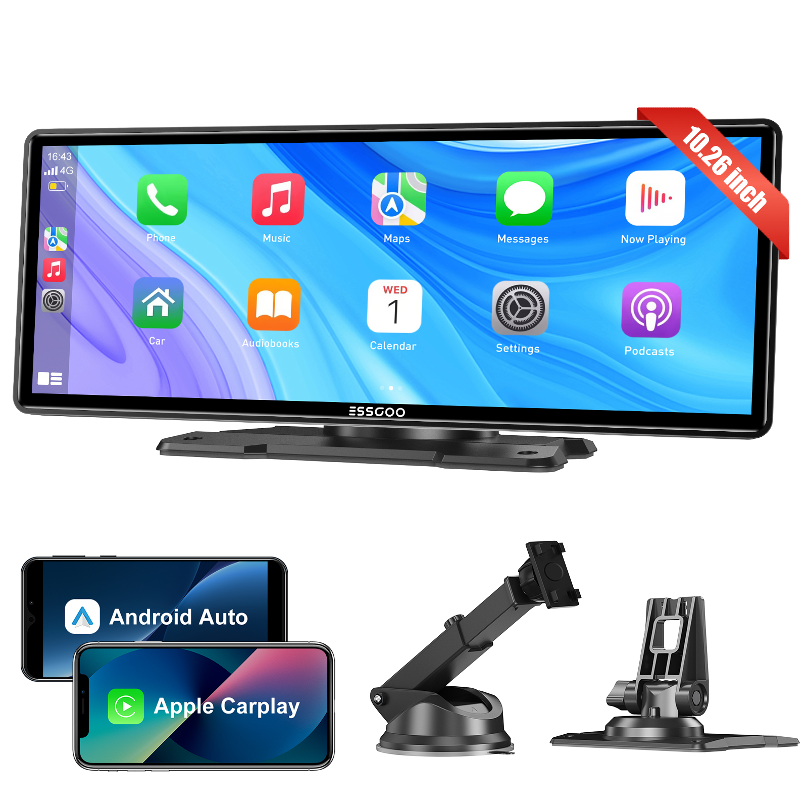 thumbnail video image 2 of ESSGOO 10.26" Dual USB Touch Screen Car Stereo - Wireless Apple CarPlay & Android Auto, FM Transmission, Bluetooth 5.0, HD GPS Navigation, Voice Control, Universal Fit for 12V-24V Cars, Trucks, SUVs, 2 of 15