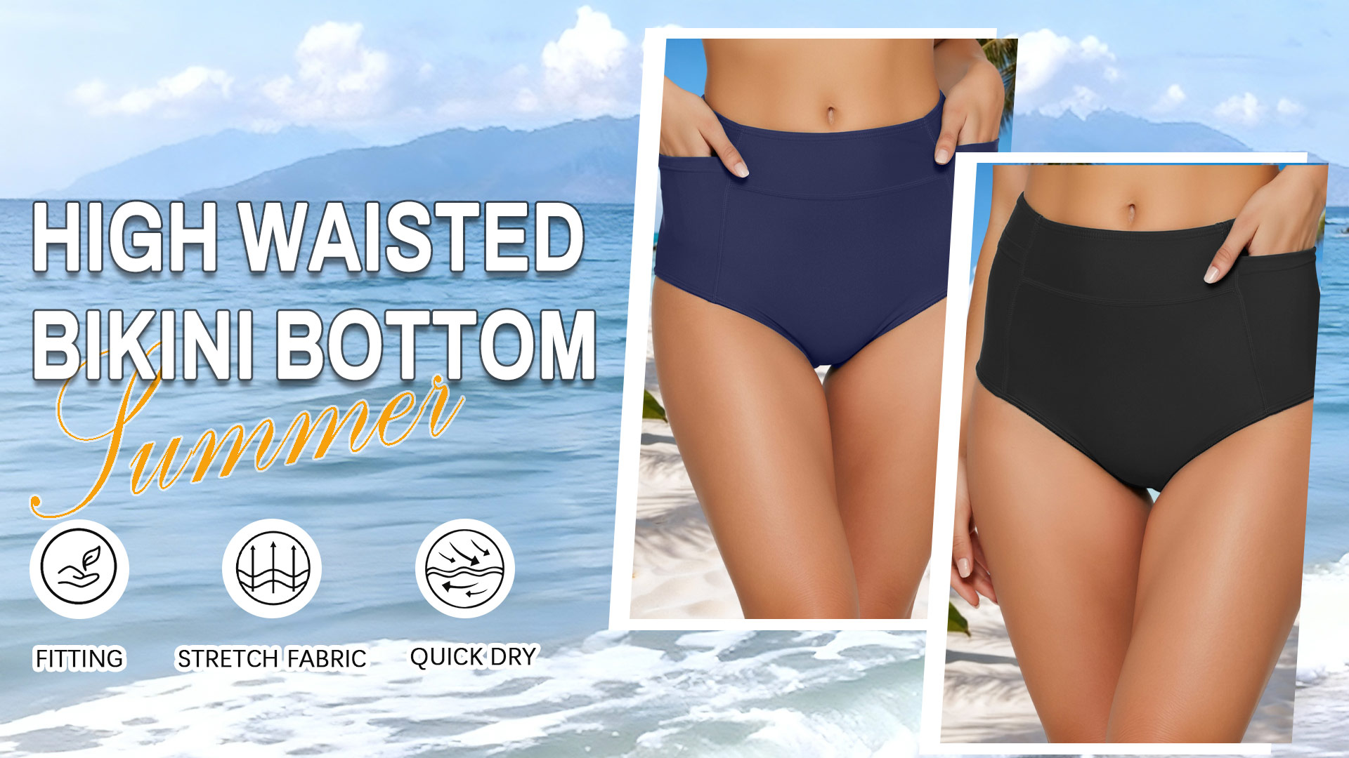 thumbnail video image 2 of FEOYA Women's High Waisted Bikini Bottom Ladies Full Coverage Swim Bottoms Tummy Control Bathing Suit with Pockets Swimsuit Shorts for Gym Swimming S Blue, 2 of 7