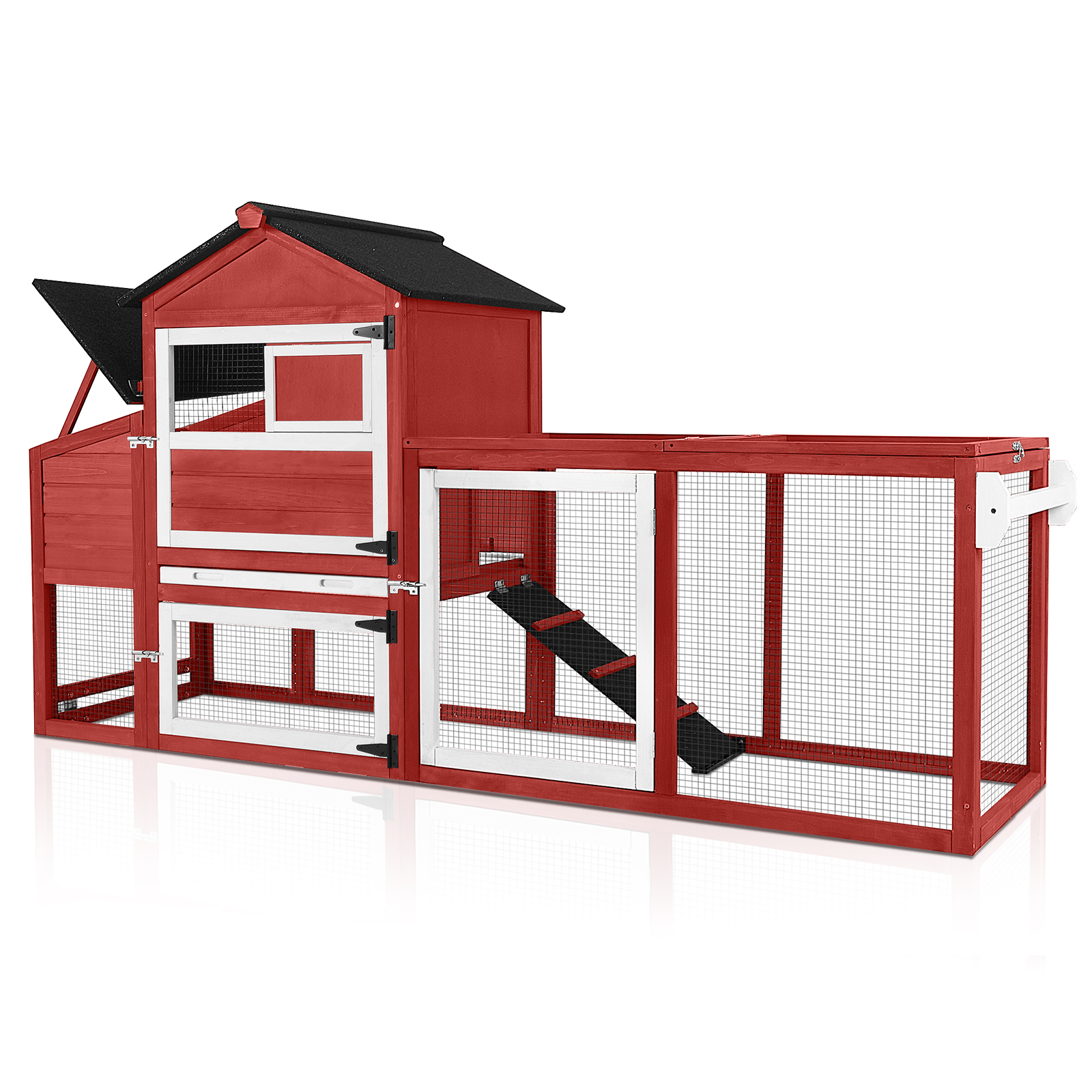 thumbnail video image 2 of Aivituvin 82.4" Chicken Coop with Wheels, Large Hen House with Run, Chicken Cage for 4-6 Chickens, Weatherproof Asphalt Roof, Nesting Box & Pull-Out Tray (Red), 2 of 10
