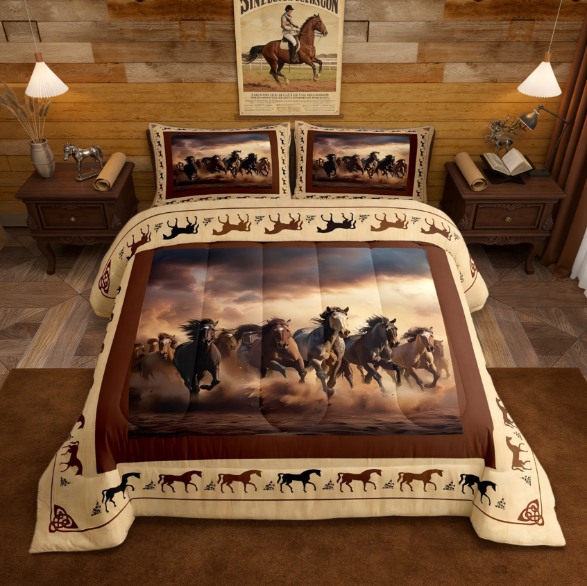 thumbnail video image 2 of Manfei Cute Animal Horse Full Size Comforter Sets Galloping Horse Kawaii Farm Cowboy Bedding Sets,Brown 3 Pieces, 2 of 8