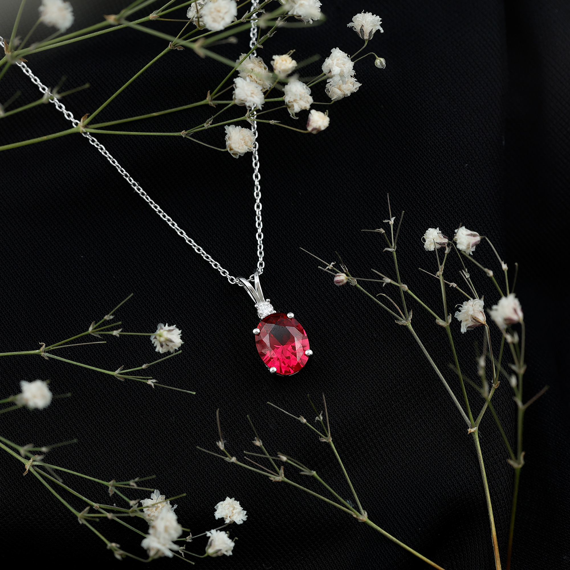 thumbnail video image 2 of Rosec Jewels Lab Grown Ruby Solitaire Pendant for Women with Moissanite (8X10 mm) - AAAA Grade, 14K White Gold, 2 of 7