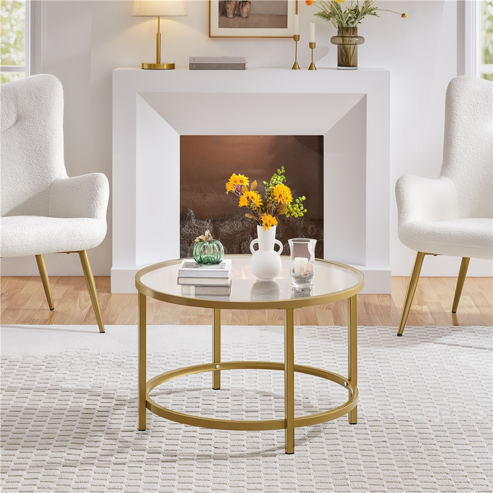 thumbnail video image 2 of Renwick Modern Glass Top Coffee Table with Adjustable Foot Pads, Gold, 2 of 9