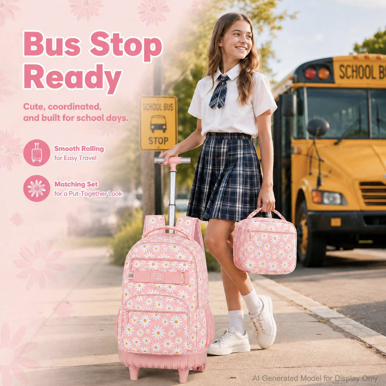 thumbnail video image 2 of Rolling Backpack for Girls Teens Women, Daisy Wheeled Bookbag with Laptop Sleeve, Lightweight School Travel Bag with Smooth Roller Wheels, 2 of 9