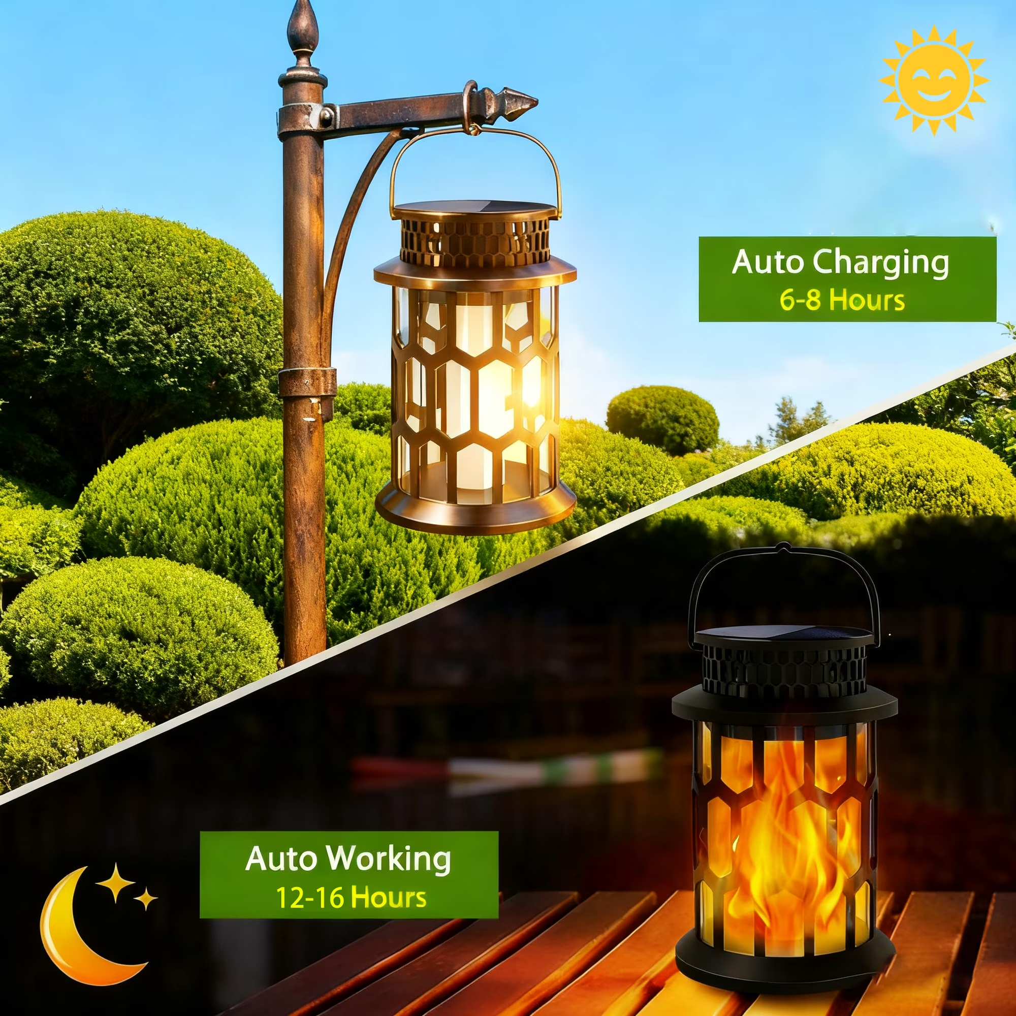 thumbnail video image 2 of SZRSTH Solar Lights Outdoor, Flickering Flame Solar Lanterns for Garden Patio Yard Decorations, 2 of 10