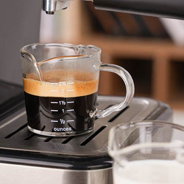 thumbnail video image 2 of BCnmviku 2 Pack Espresso Shot Glass 3-Ounce Triple Pitcher Barista Double Spouts With Pouring Handle, 2 of 9