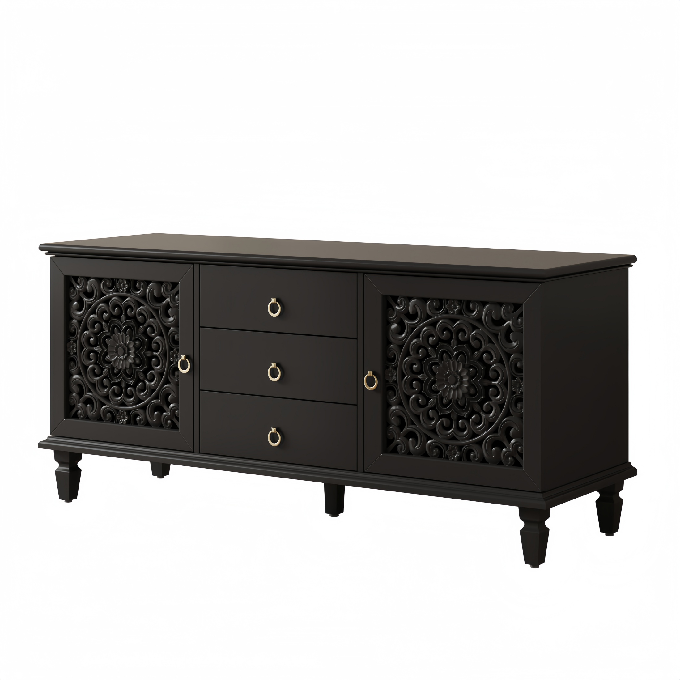 thumbnail video image 2 of Atumcto Farmhouse TV Stand with Carved Doors, 3 Drawers & Adjustable Shelves, Black, 2 of 12