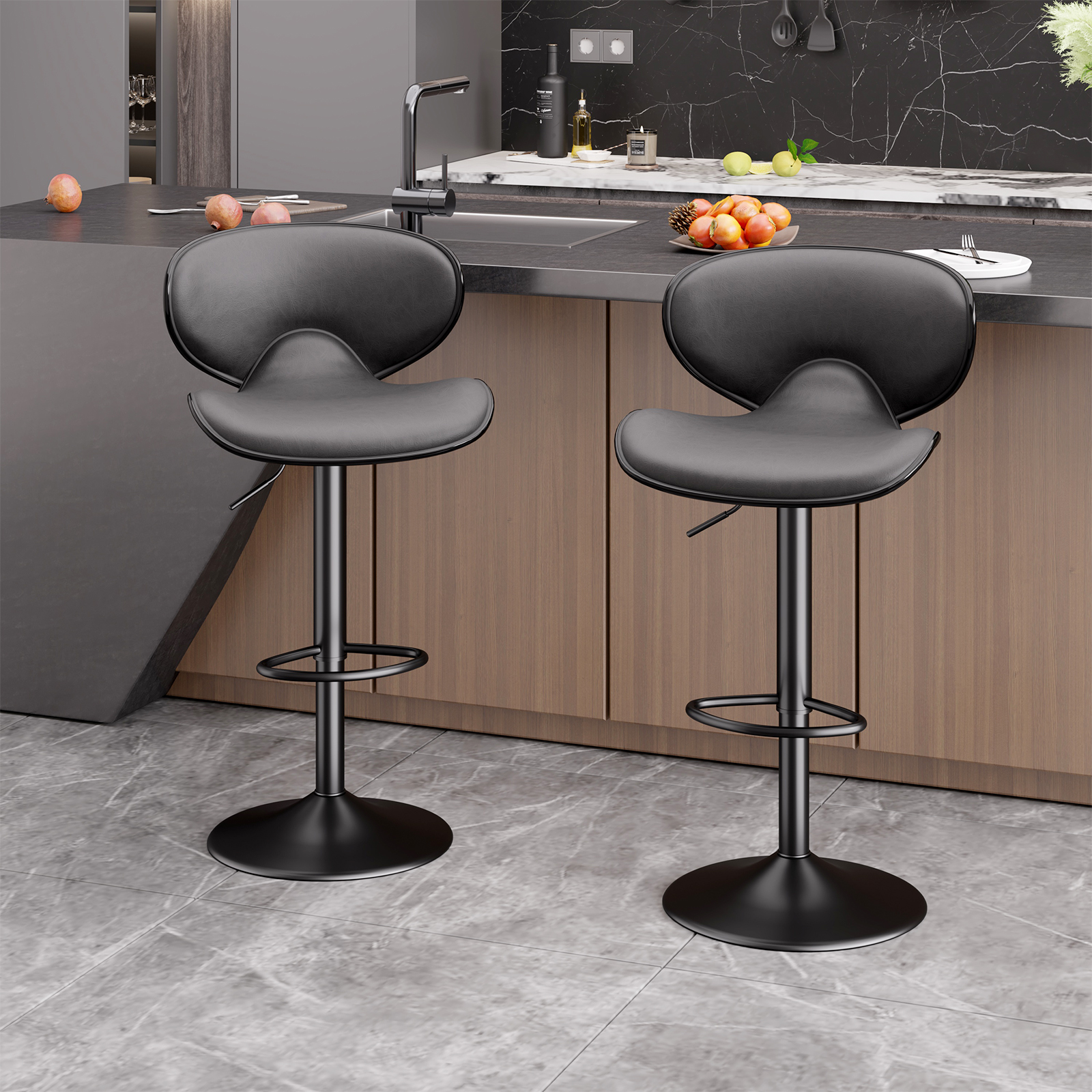 thumbnail video image 2 of Hawsaiy Adjustable Swivel Bar Stools Set of 2 with Back and Footrest, Faux Leather Counter Height Kitchen Stools, Modern Bar Chairs for Island and Home Bar, Khaki, 2 of 8