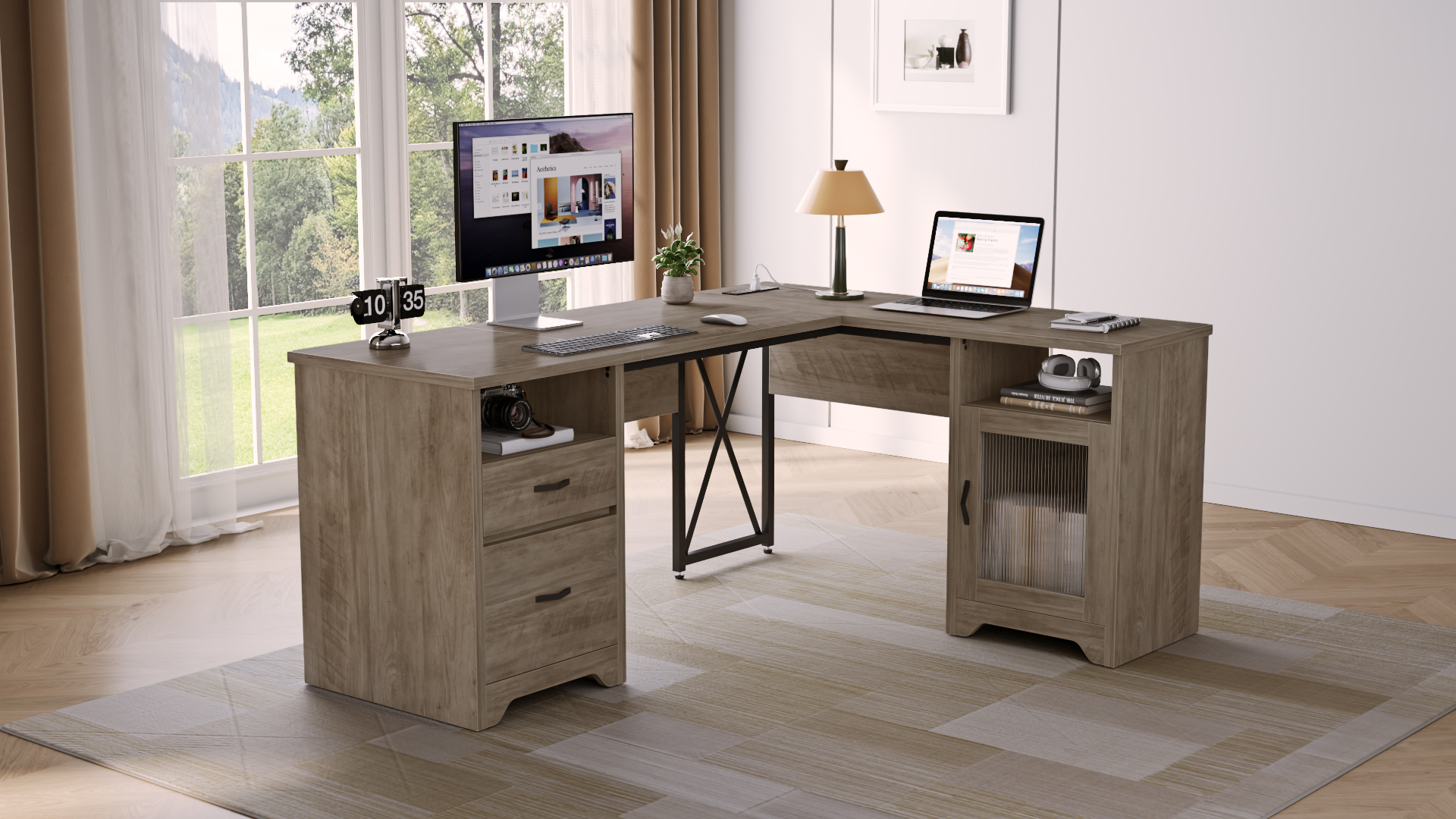 thumbnail video image 2 of Bestier Farmhouse L Shaped Desk with Drawers, 63"Office Computer Desk with Charging Station & Fluted Storage Cabinet, Corner Desk with File Drawers, Modesty Panel for Home Office, Rustic Brown, 2 of 10