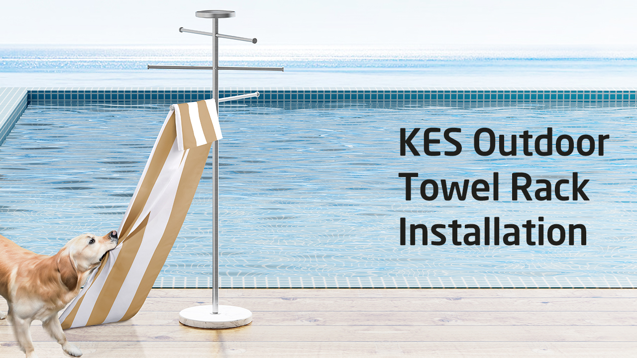 thumbnail video image 2 of KES Natural Marble Outdoor Towel Rack with Weighted Marble Base, Pool Towel Rack Outdoor for Hot Tub 18/8 Stainless Steel, Adjustable 3 Arms with Storage Tray Brushed, 2 of 10