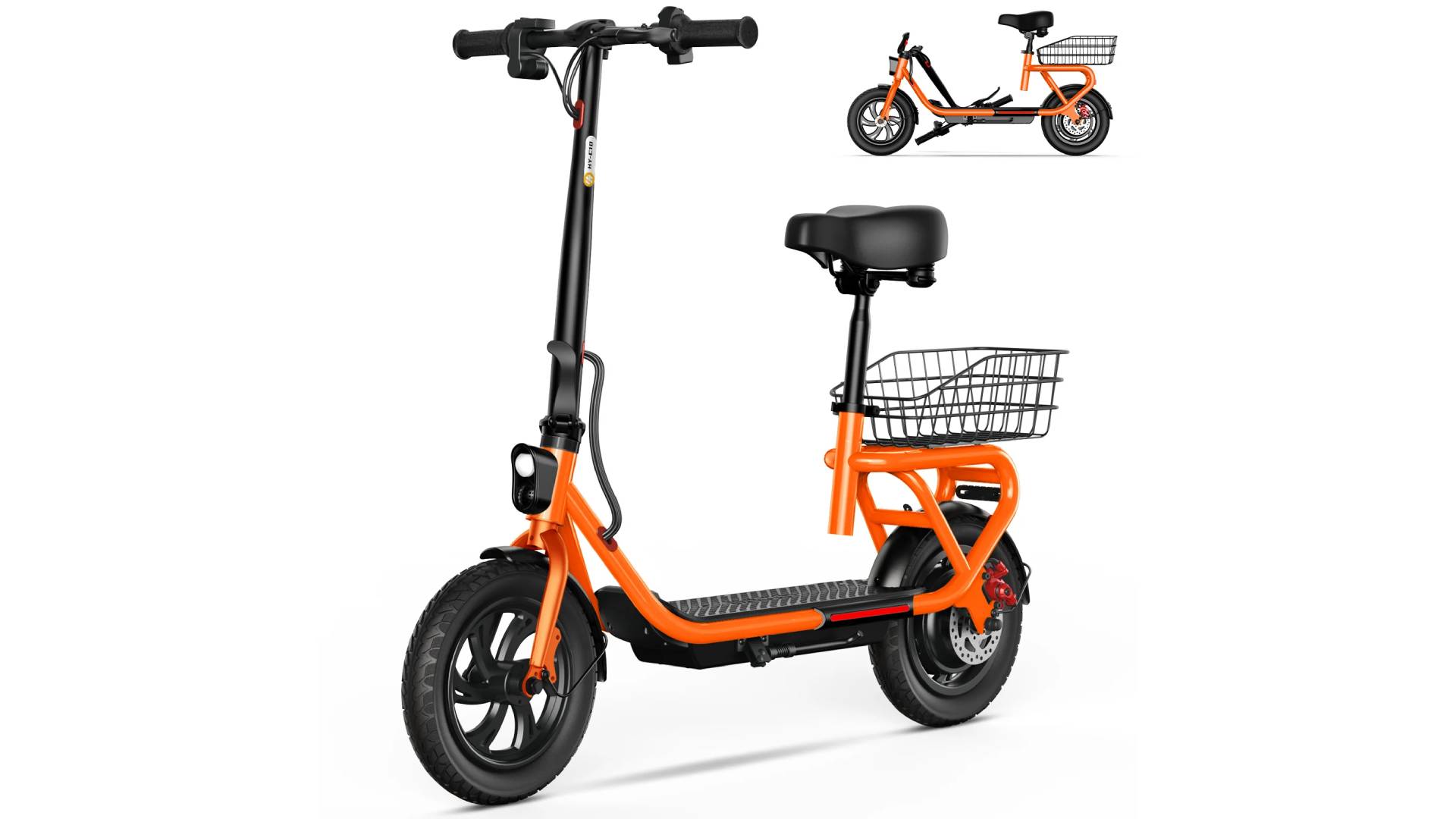 thumbnail video image 2 of SISIGAD Electric Scooter with Seat, Pneumatic Tires, Peak 600W Motor, Top Speed 19Mph, 20 Miles Long Range, Folding E-Scooter for Commuting with Dual Braking System, Orange, 2 of 10