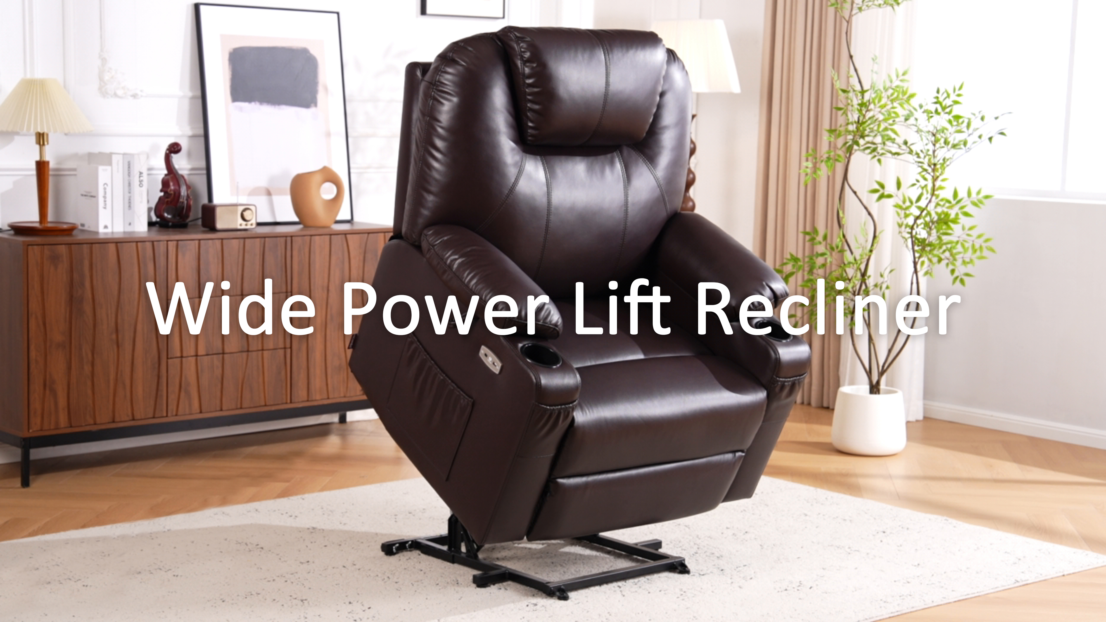 thumbnail video image 2 of MCombo Medium-Wide Power Lift Recliner Chair Sofa with Massage and Heat for Elderly People, Cup Holders, USB&Type C Ports, Side Pockets, Faux Leather (Cream White, Medium-Wide), 2 of 11