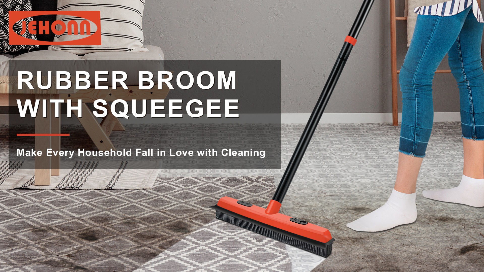 thumbnail video image 2 of JEHONN Rubber Broom Carpet Rake Brush for Pet Hair with Squeegee (Red), 2 of 7