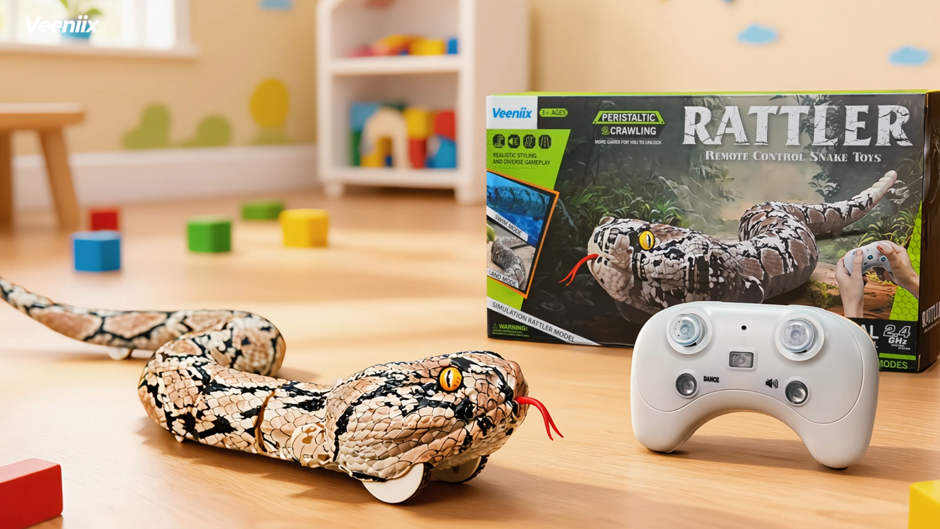 thumbnail video image 2 of Veeniix Amphibious Remote Control Snake Toy with Sound, Realistic RC Prank Snake, Green, 2 of 8
