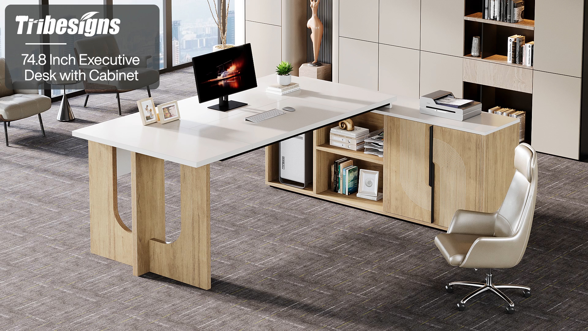 thumbnail video image 2 of Tribesigns 74.8" Executive Desk, Large Office Desk with Cabinet, L Shaped Computer Desk with Shelves and CPU Storage, Modern Home Office Desk Business Furniture Workstation Set, White and Wood, 2 of 8