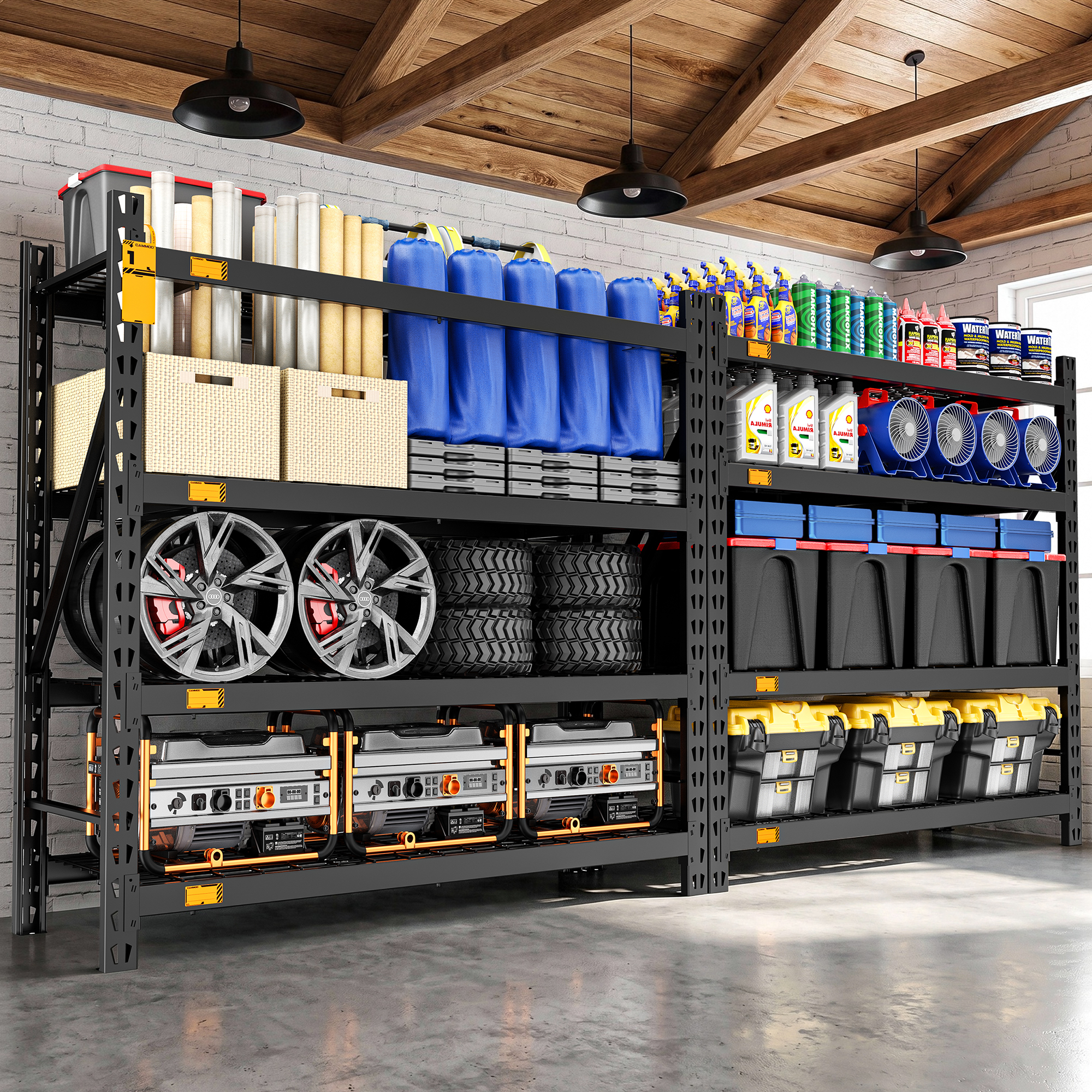 thumbnail video image 2 of CAMMOO Heavy Duty Garage Shelving, 2-Pack, 12,000 lbs Combined Capacity, 4-Tier Adjustable Metal Storage Shelves with Magnetic Labels, Each 72"W x 24"D x 72"H, 2 of 9