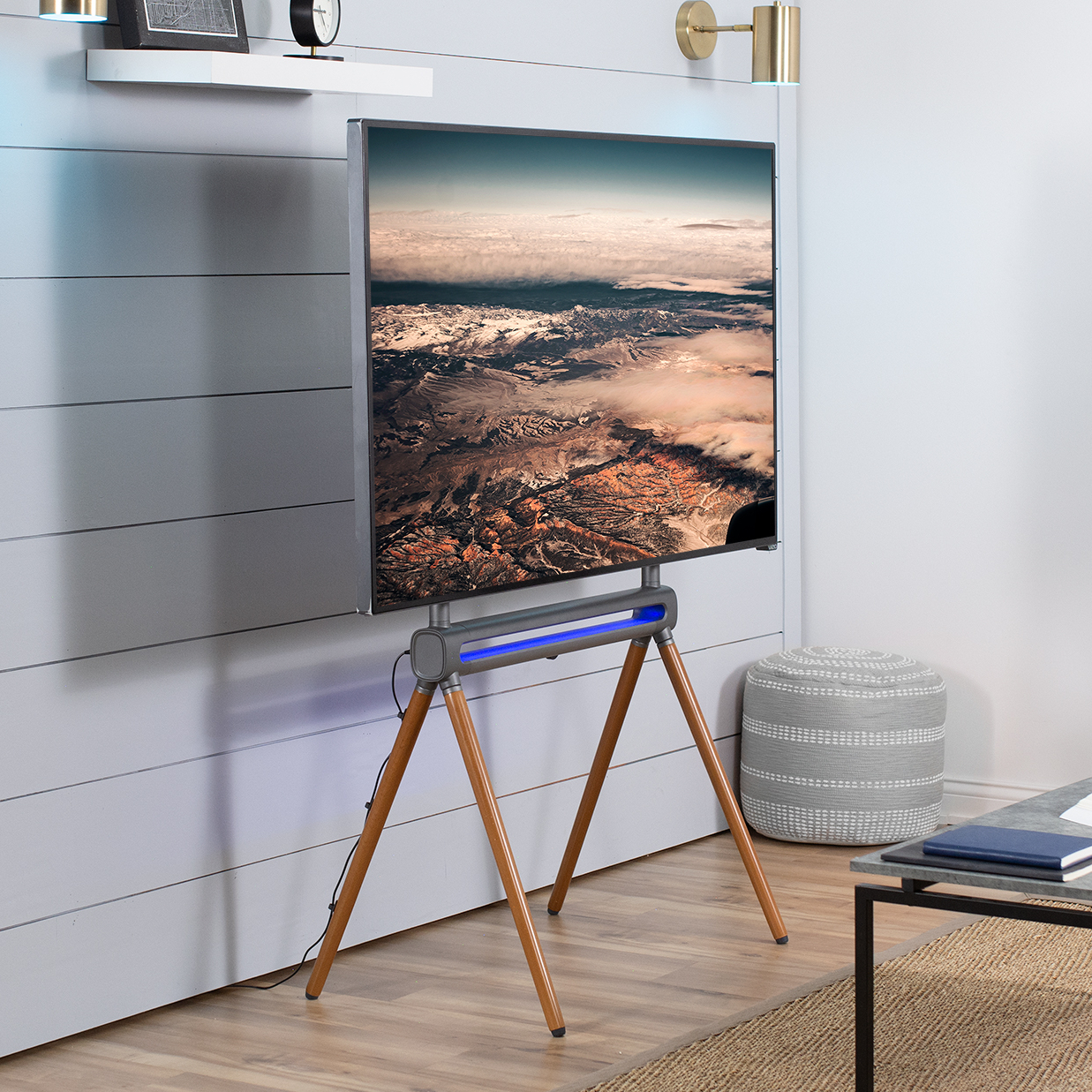 thumbnail video image 2 of VIVO Wood Easel Studio 49" to 70" TV Adjustable Floor Stand with RGB Lights, 2 of 9