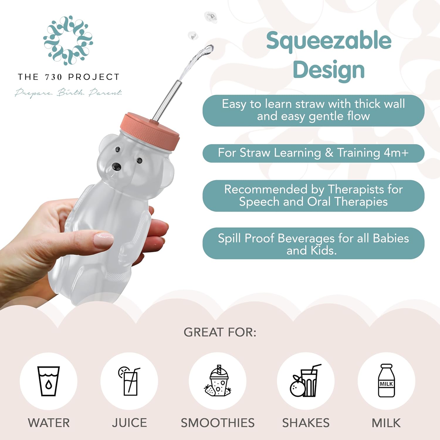 thumbnail video image 2 of The 730 Project Honey Bear Straw Cup for Toddlers, Therapy Set Baby Bottle, 8 oz, Aqua/Peach, 2 Pack, 2 of 7