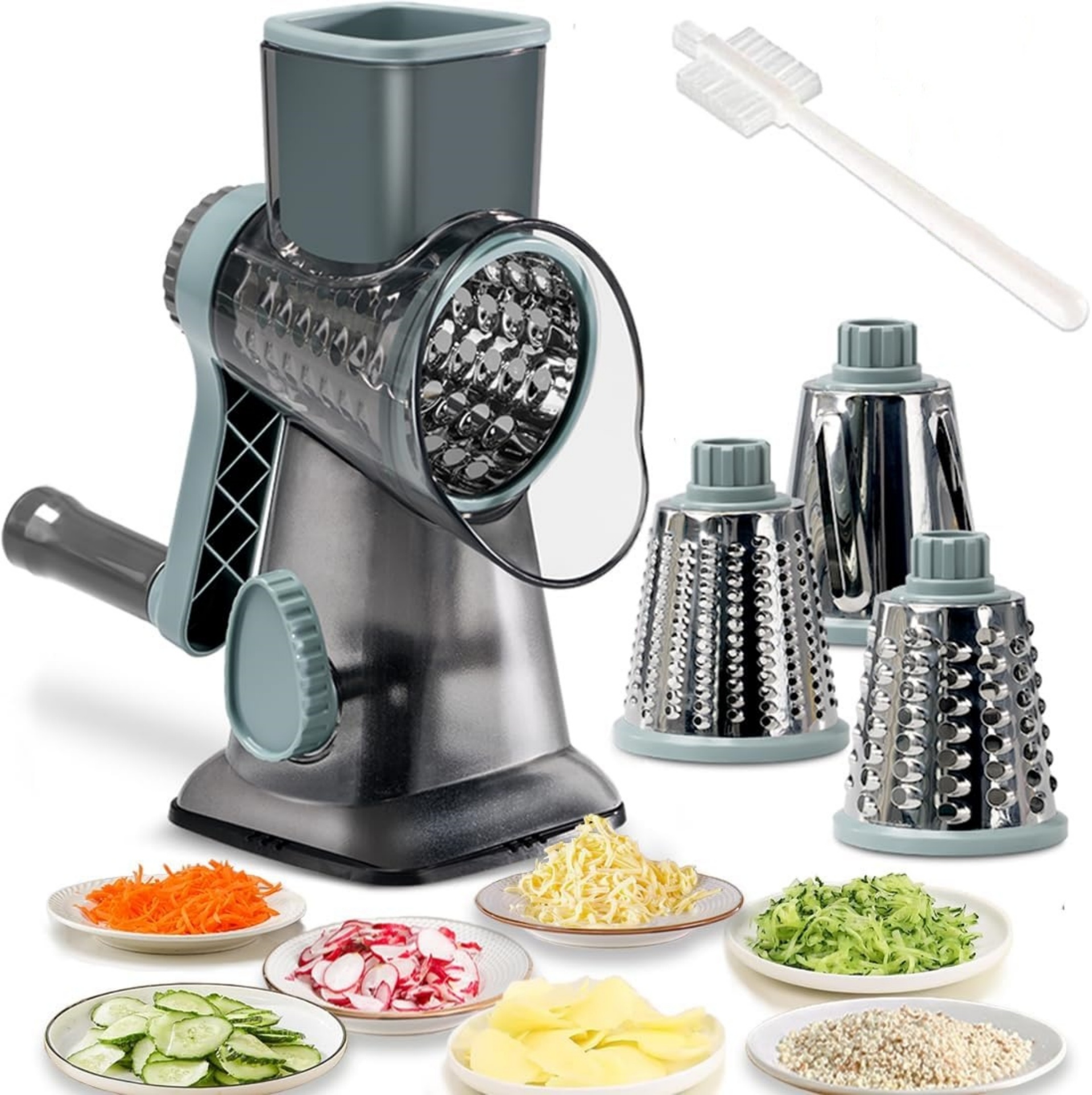 thumbnail video image 2 of FANGNISN Cheese Shredder, Rotary Cheese Grater with Handle Vegetable, Slicer Grater for Kitchen, 3 Changeable Blades for Cheese Potato Zucchini Nuts Chocolate, Lx9" Wx4.25" Hx9.25", Grey Blue, 2 of 9