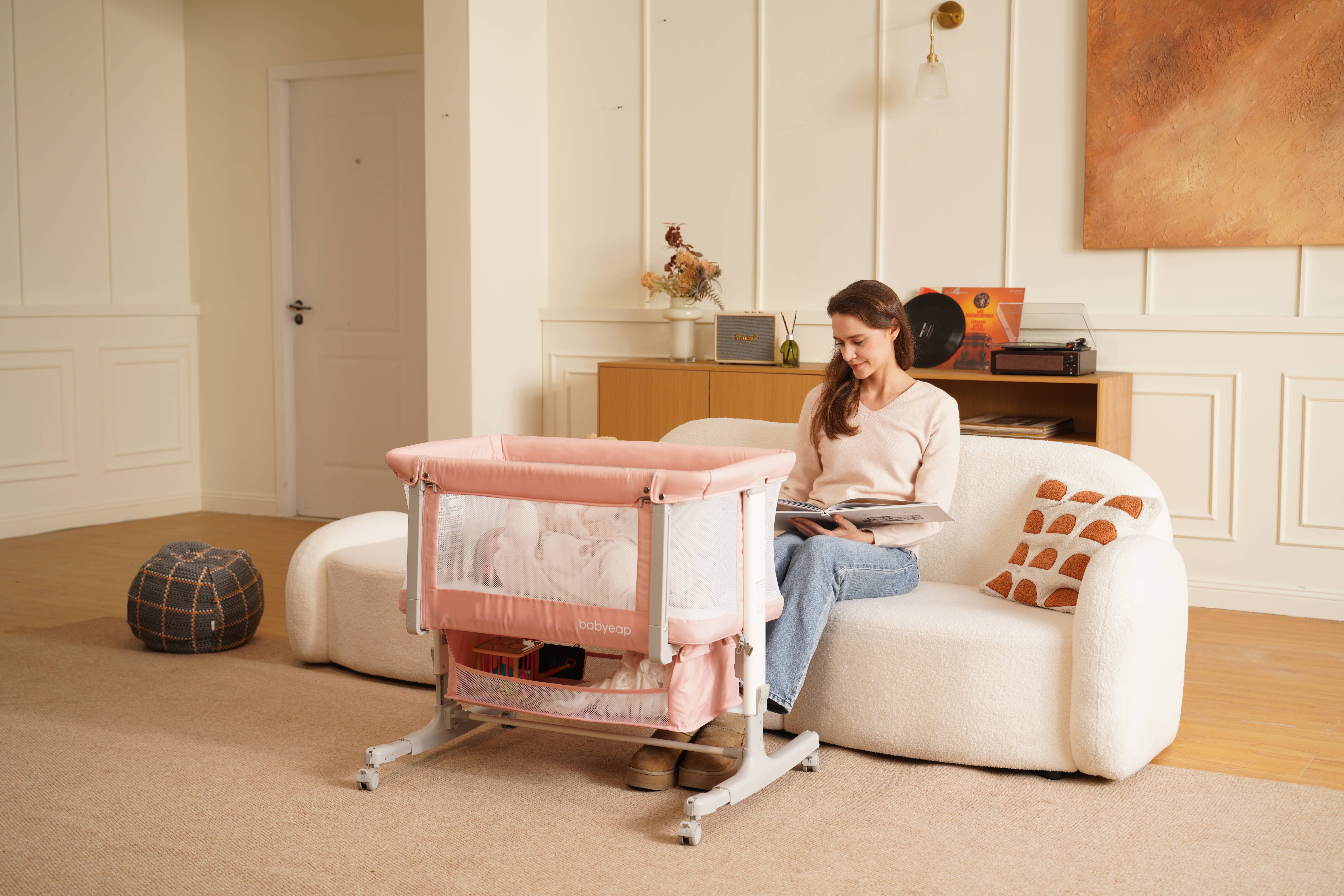 thumbnail video image 2 of Babyeap Baby Bassinet for Newborn with Large Storage Basket, Gray, 2 of 11