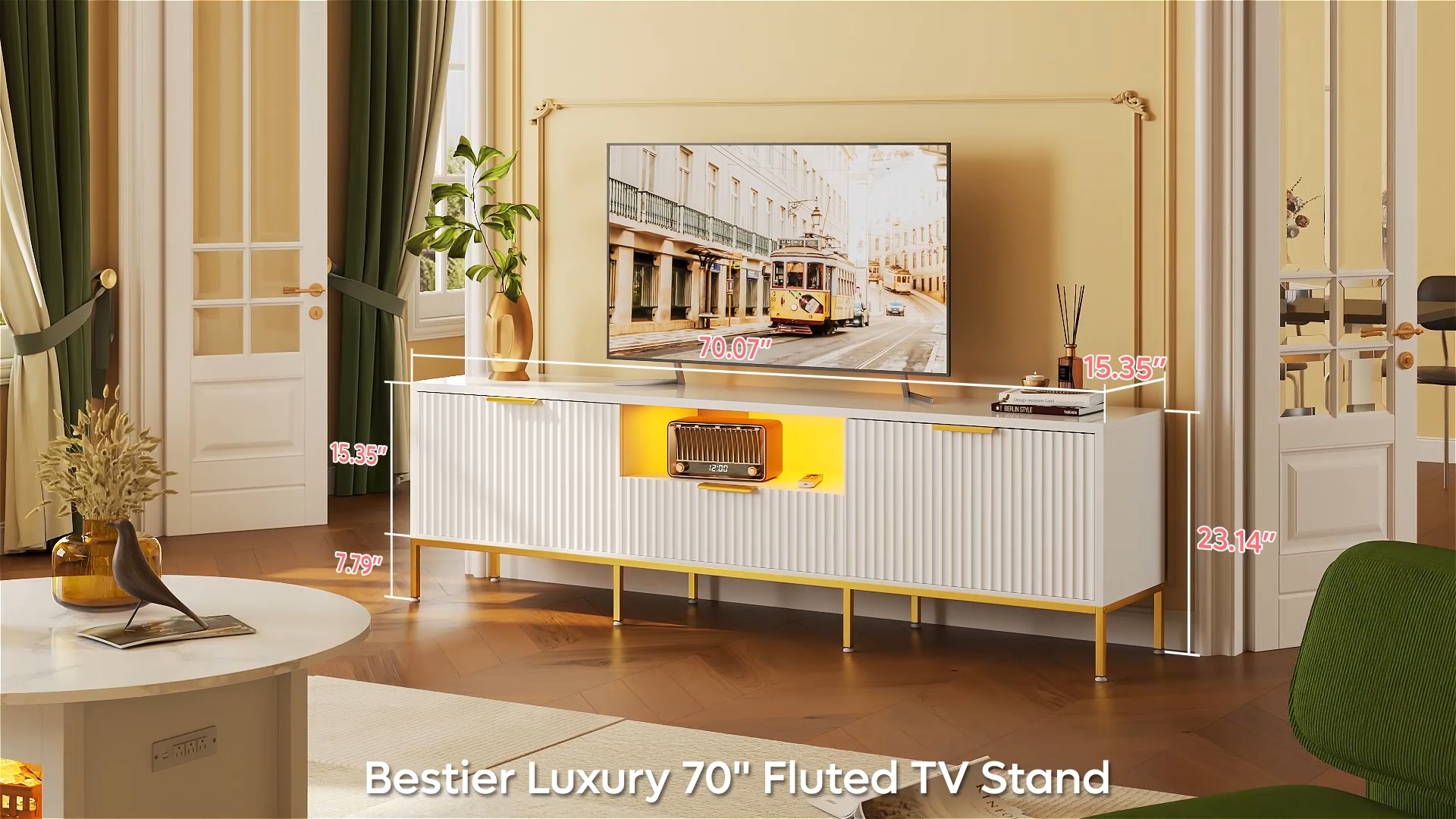 thumbnail video image 2 of Bestier 55" LED TV Stand for TVs up to 60" Modern High Gloss Entertainment Center with Drawers Cabinets Fluted TV Console, White & Gold, 2 of 9