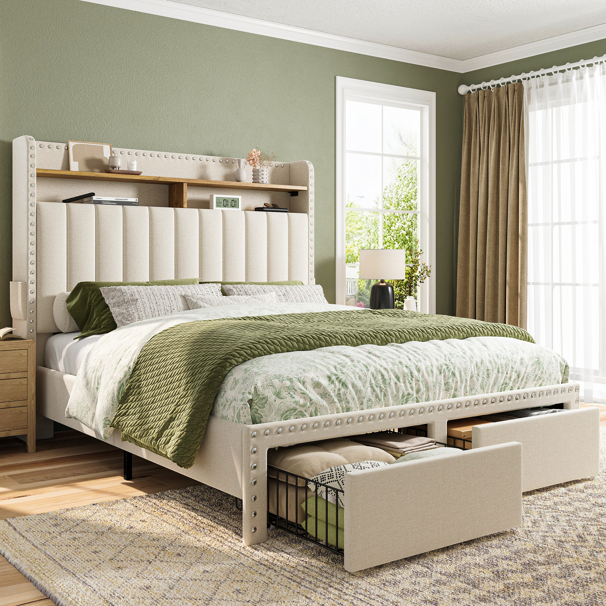 thumbnail video image 2 of Romorgniz King Size Bed Frame with 2 Storage Drawers and 2-Tier Storage Shelf Upholstered Bed Frame with Headboard Platform Bed Frame Noise-Free No Box Spring Needed,Beige, 2 of 10