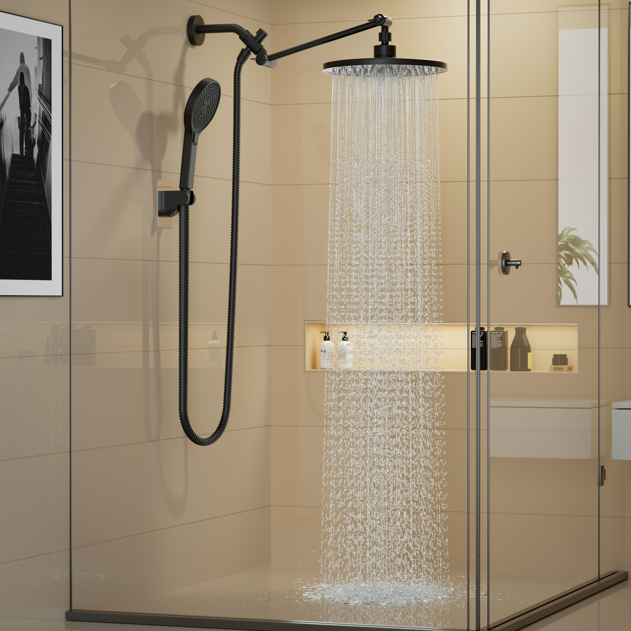 thumbnail video image 2 of DTIG 12 Inch High-Pressure Rain Shower Head Combo with Adjustable Arm & 3 Modes Handheld Showerhead, Black, 2 of 10