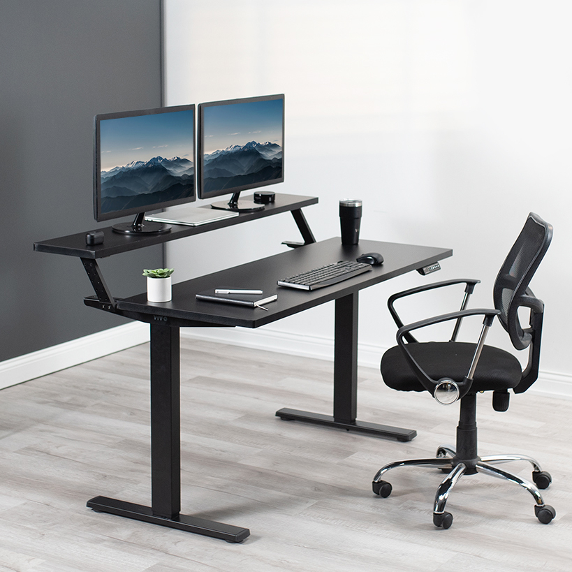 thumbnail video image 2 of VIVO Electric 55” x 30” Stand Up Desk, Black Dual Tier Table Top, Black Frame, 2 of 4