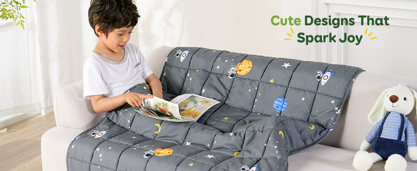 thumbnail video image 2 of Sivio Kids Weighted Blanket with Cartoon Patterns, Beathable Blanket for Bedroom to Help Wind Down, 5lbs 36"x48", Gray Sky, 2 of 10