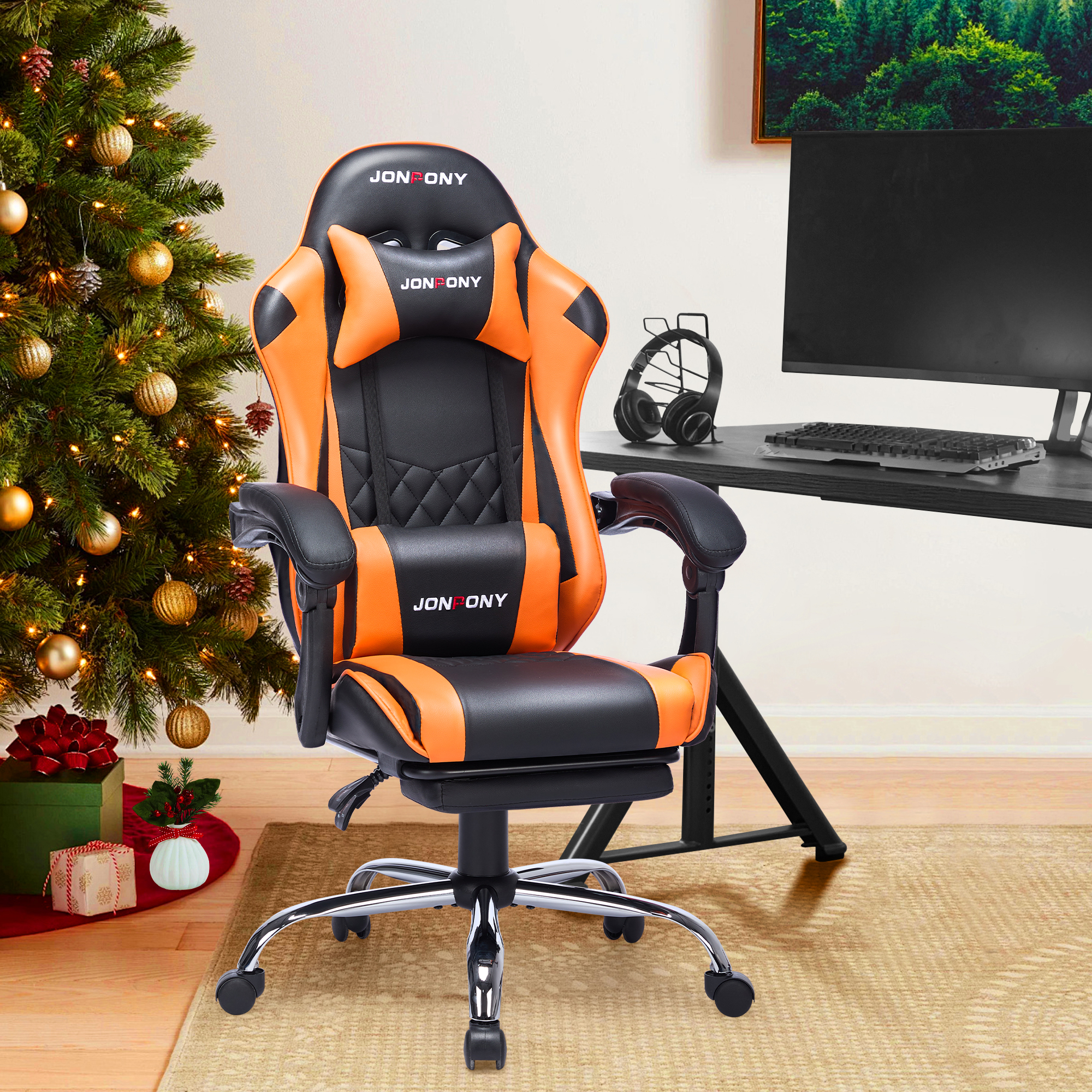 thumbnail video image 2 of JONPONY Big and Tall 400LBS Gaming Chair, Ergonomic Design, Gamer Chair PU Leather with Footrest and Lumbar Support, High Back Office Chair Support 8 Hours Long Sitting, Computer Chair,Orange, 2 of 11