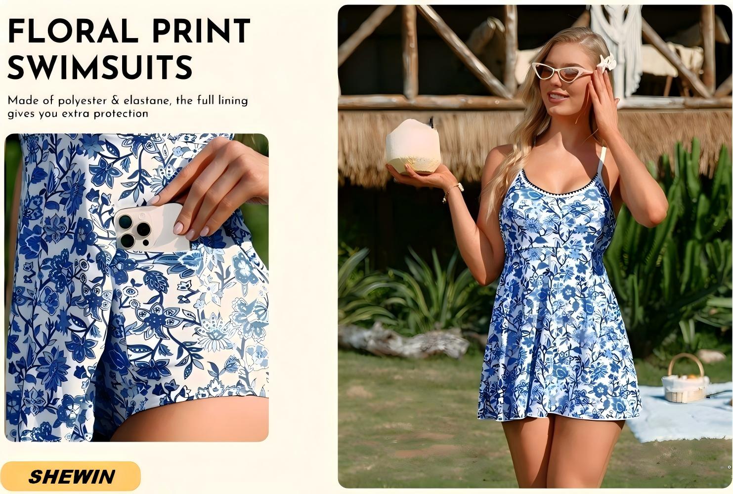 thumbnail video image 2 of SHEWIN One Piece Swimdress for Women Modest Swimsuits Padded Tummy Control Skirt Swim Dress Retro Floral Print Bathing Suit with Pocket, 2 of 8