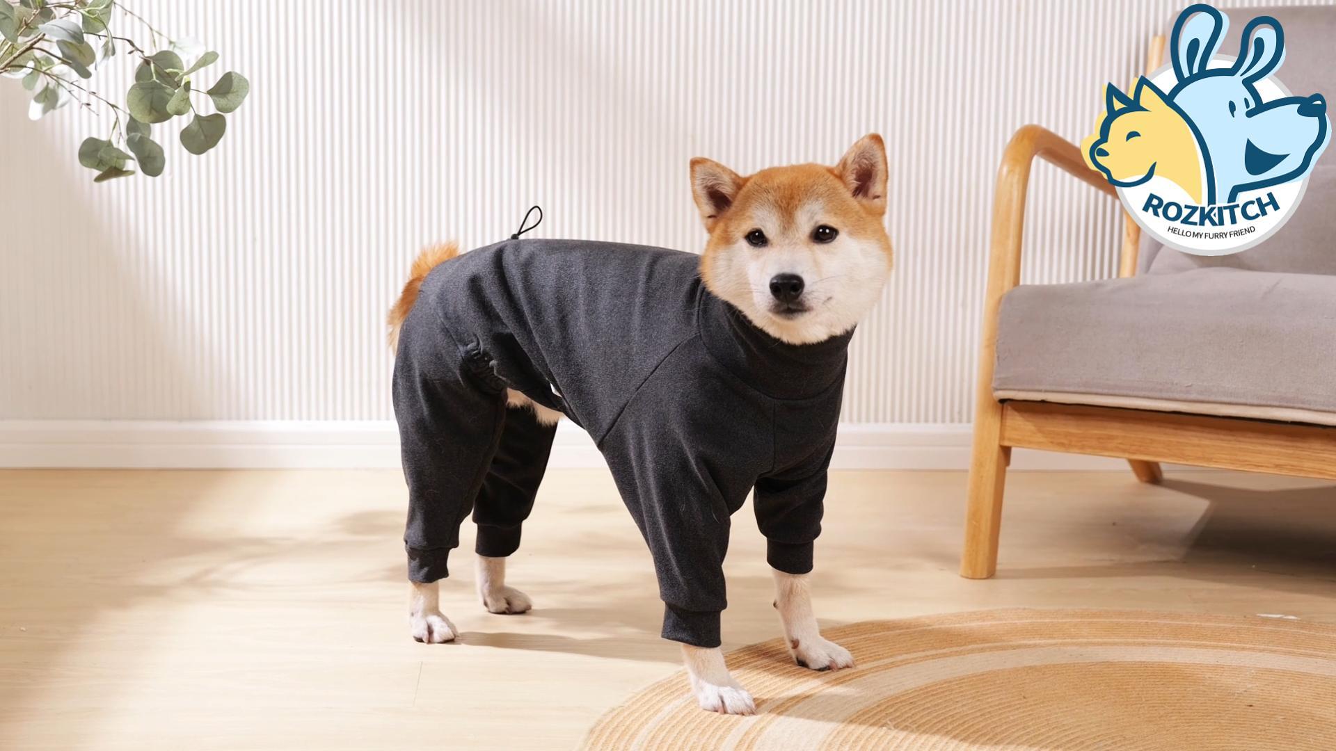 thumbnail video image 2 of ROZKITCH Turtleneck Dog Sweater with Leash Hole Warm Pajamas Adjustable Pullover Pet Onesie for Fall and Winter Four-Legged Stretchy Dog Winter Coat for Small Medium and Large Dogs,Gray,M, 2 of 7