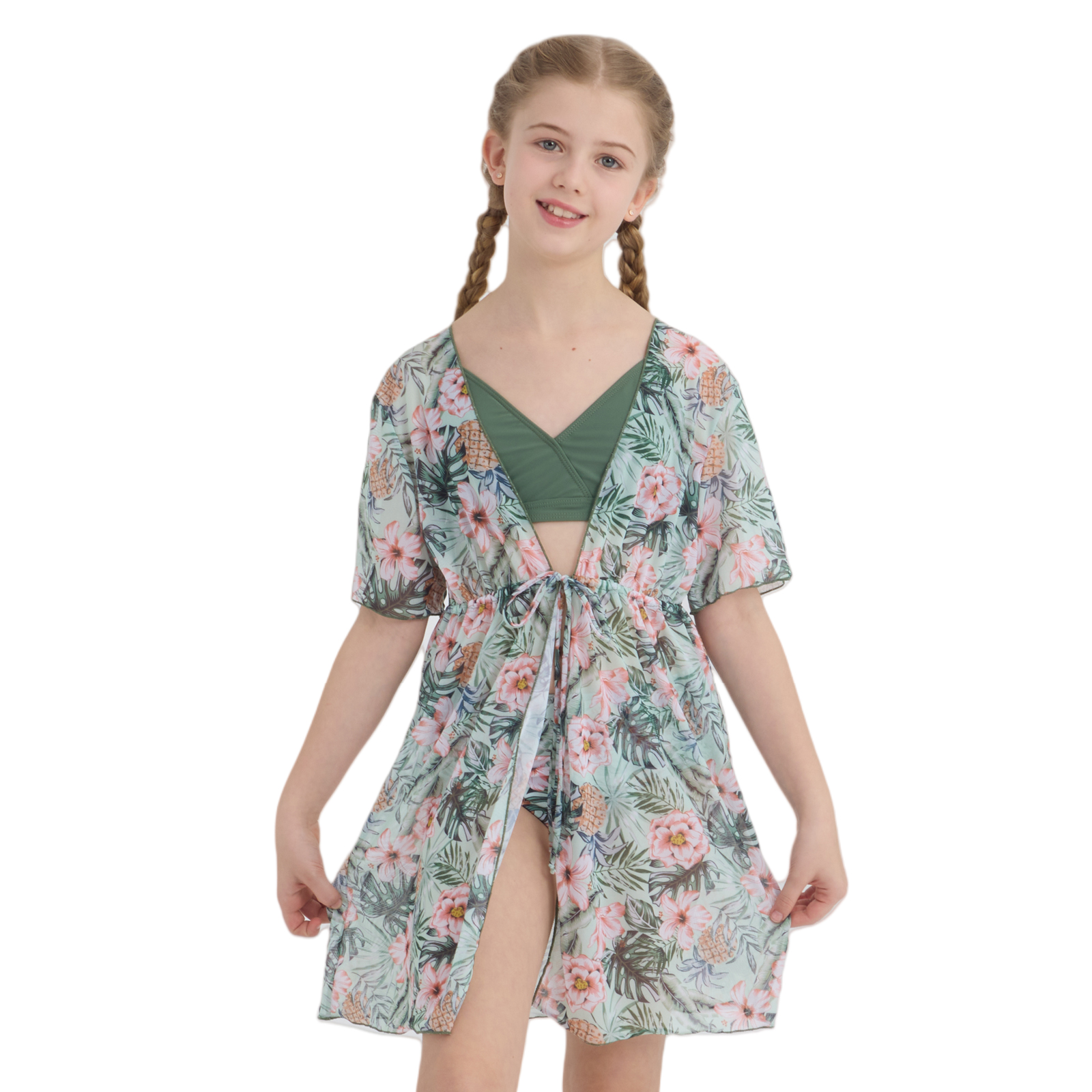 thumbnail video image 2 of Ochine Girls Swimsuit 3 Piece Tropical Print Bikini Set with Cover-Up Quick-Dry Swimwear for Girls 9-16 Years, 2 of 10