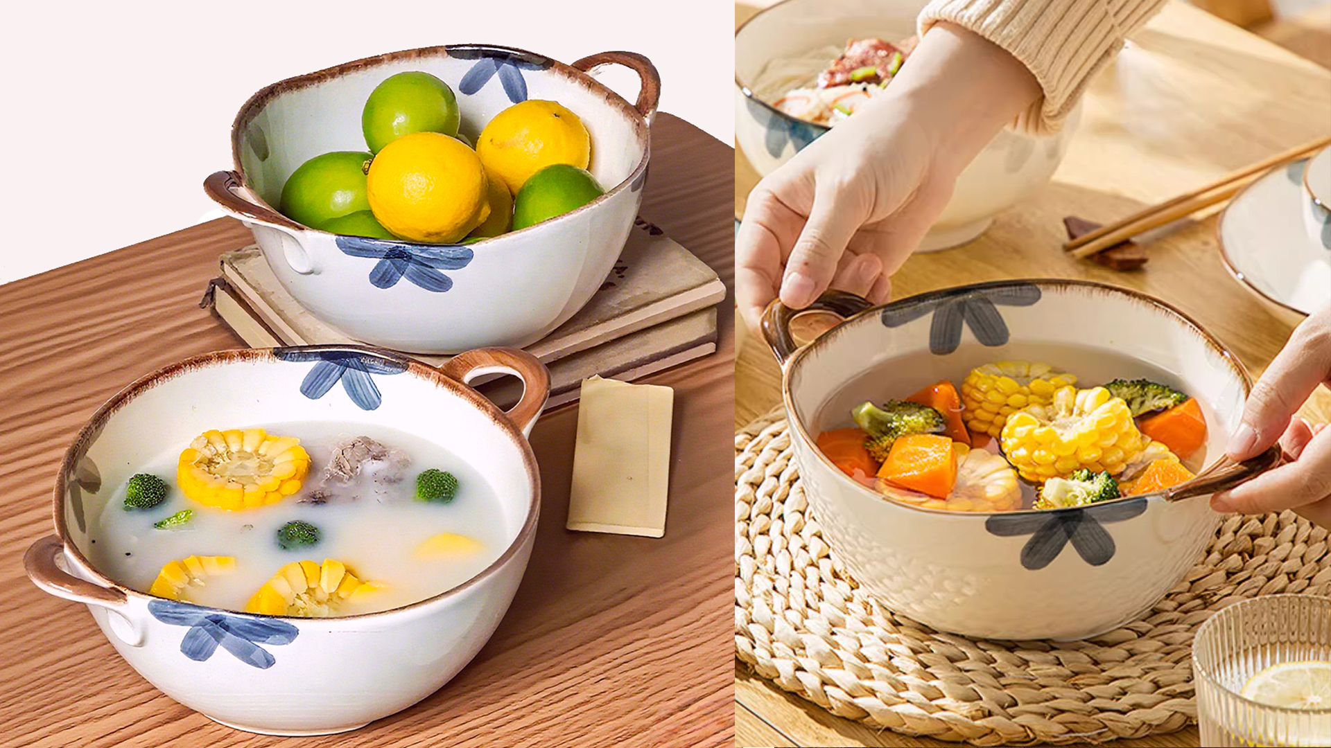thumbnail video image 2 of Serving Bowl 59oz Large Ceramic Soup Bowl with Handles Decorative Cereal Pasta Bowl for Salad and Ramen, Oven Dishwasher Safe Stoneware, 2 of 8