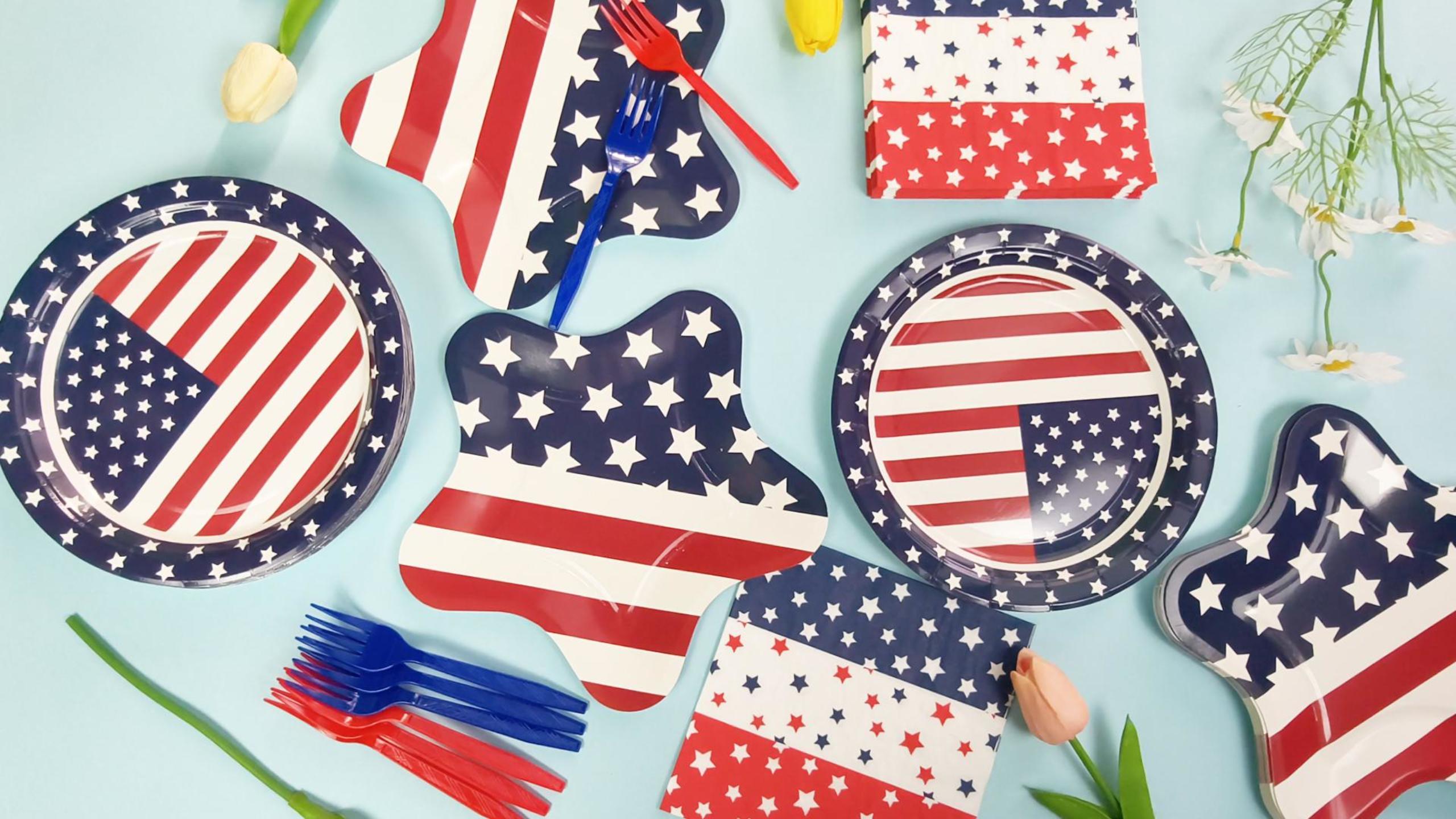 thumbnail video image 2 of 96PCS 4th of July Tableware Set for 24 Guests, Patriotic Paper Plates Napkins and Forks, Disposable Party Supplies for BBQ Picnic, 2 of 8