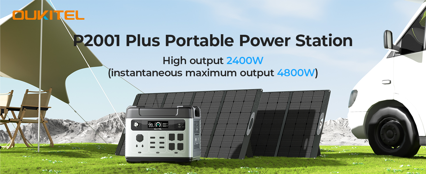 thumbnail video image 2 of OUKITEL P2001 Plus Portable Power Station, 2048Wh LiFePO4 Battery, 2400W AC Output, UPS Function, Recharge by AC/Car/Solar, for Home Backup, Camping, RV Travel & Emergency, 2 of 11