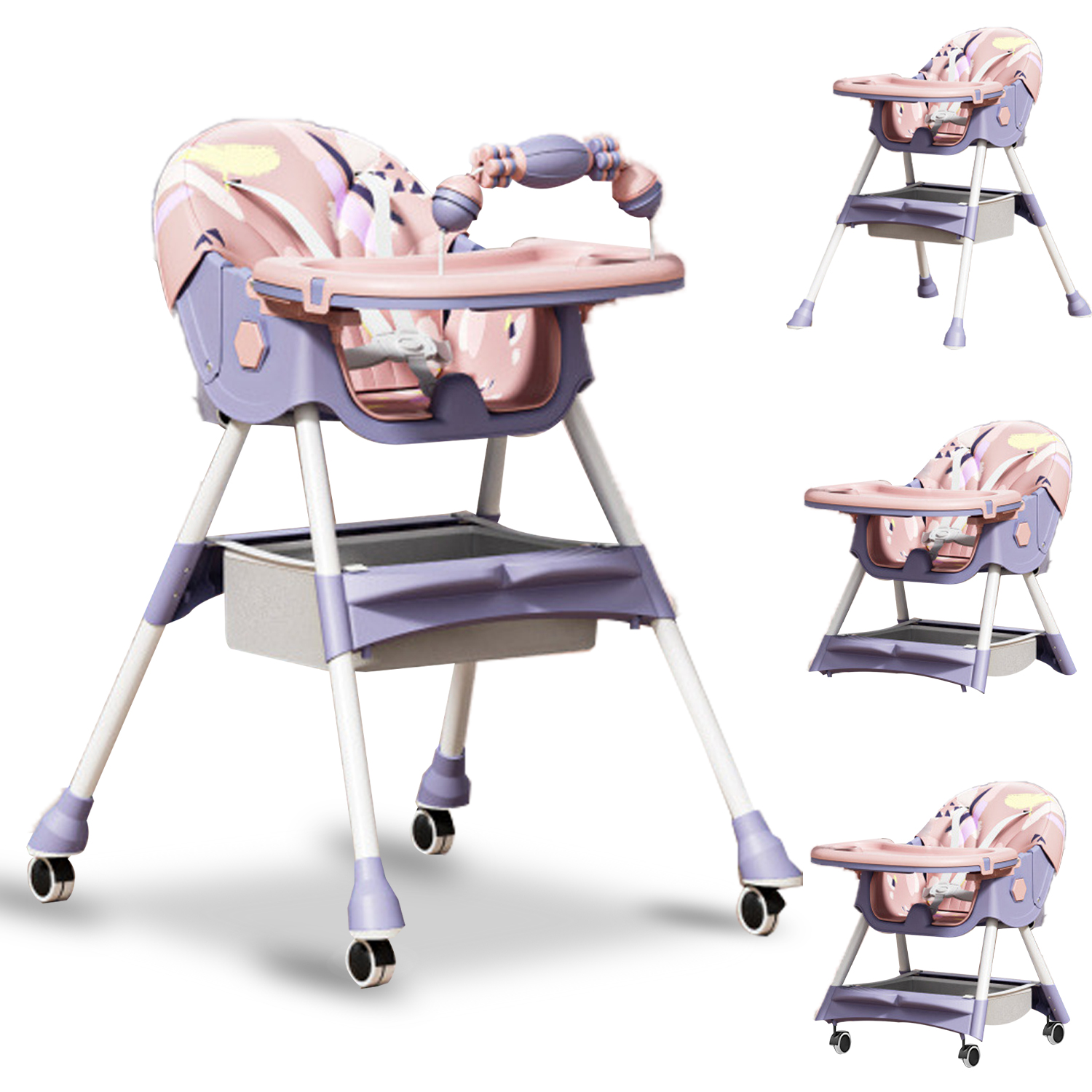 thumbnail video image 2 of HDUTNGISN 4-in-1 Foldable Baby High Chair with 5-Point Harness, Double Plates & Toy Rack, Purple, 2 of 9