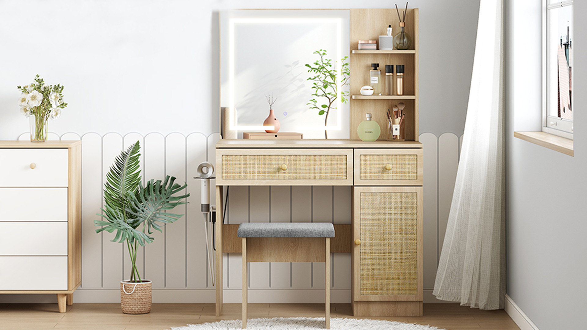 thumbnail video image 2 of Brafabhome Boho Makeup Vanity Table and Stool with Lighted Mirror and USB Power, Rattan Vanity Table Set with Storage Shelves and Hair Dryer Stand for Makeup Room Bedroom | Beige, 2 of 8