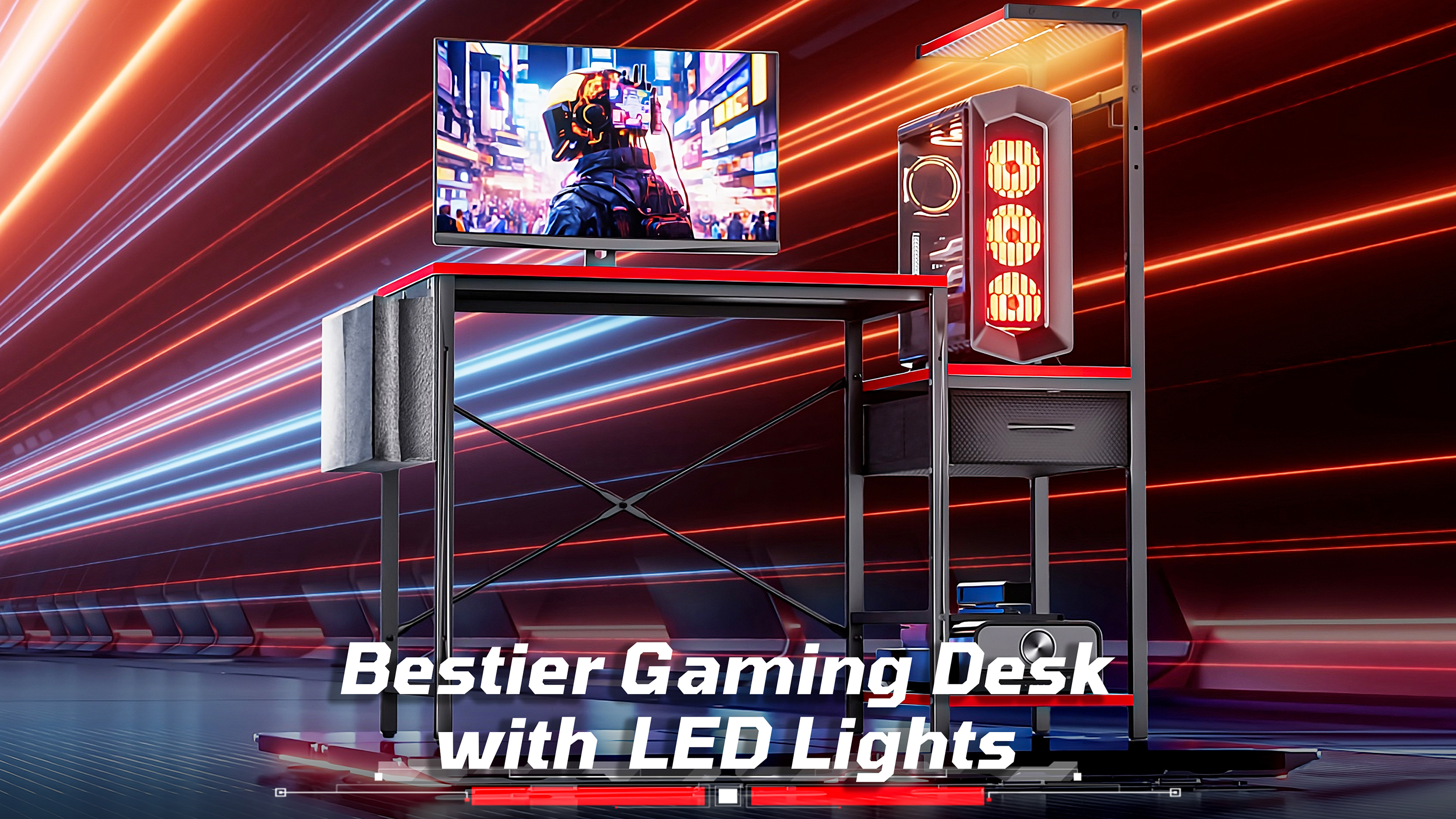 thumbnail video image 2 of Bestier LED Gaming Desk with Drawer, 44'' Computer Desk with Reversible Shelves, PC Gamer Desk with Side Storage Bag, Hooks and Height Adjustable Shelf for Home Office, Red, 2 of 11