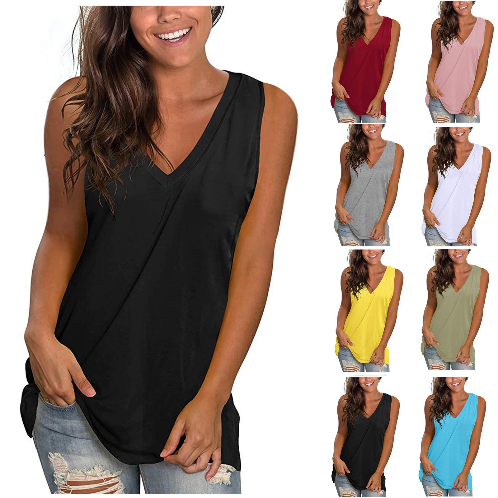 thumbnail video image 2 of WREESH Womens Summer Tank Tops Solid V-Neck Sleeveless Shirts Casual Loose Tunic Blouses Black, 2 of 6
