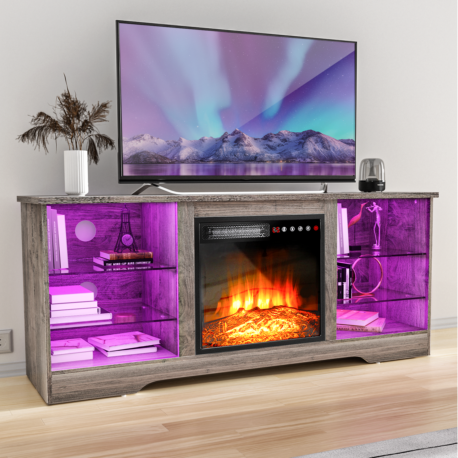 thumbnail video image 2 of Waleaf Fireplace TV Stand with 18'' Fireplace for TVs up to 65 inch, Two Adjustable Glass Shelves, 2 of 8