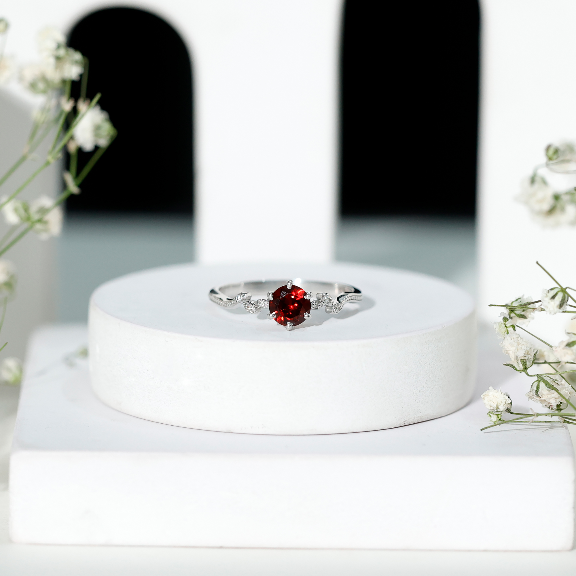thumbnail video image 2 of Rosec Jewels Minimal Promise Ring with Garnet and Diamond for Women (AAA Quality), 10K White Gold, US 13.00, 2 of 7