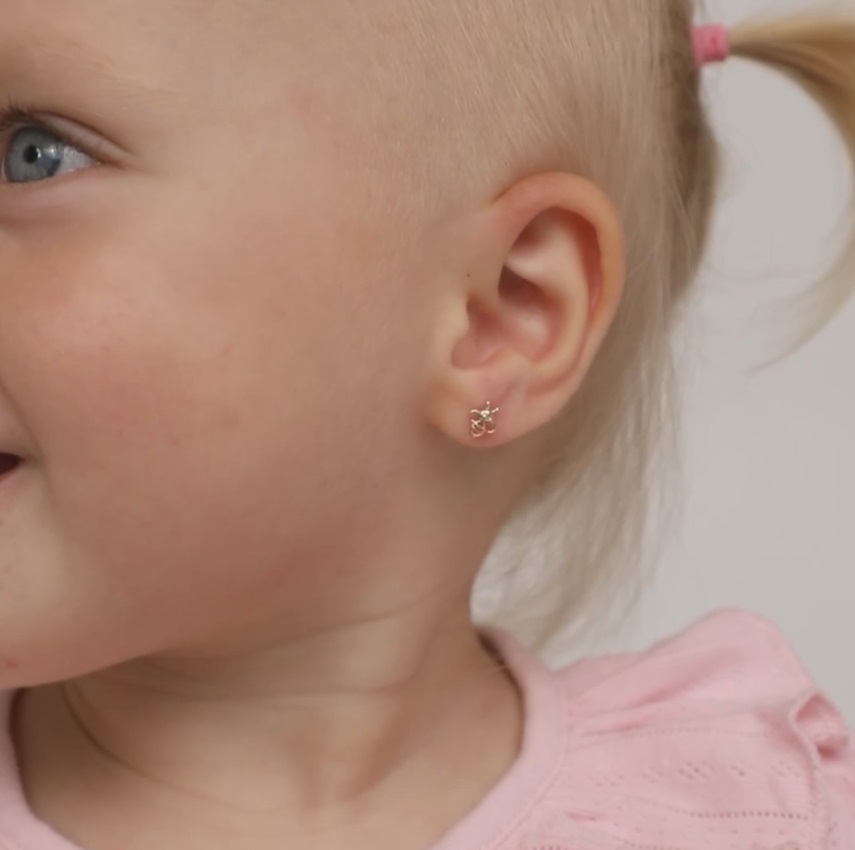 thumbnail video image 2 of 14k Gold Sweet Bee Baby / Toddler / Kids Earrings Safety Screw Back, 2 of 7