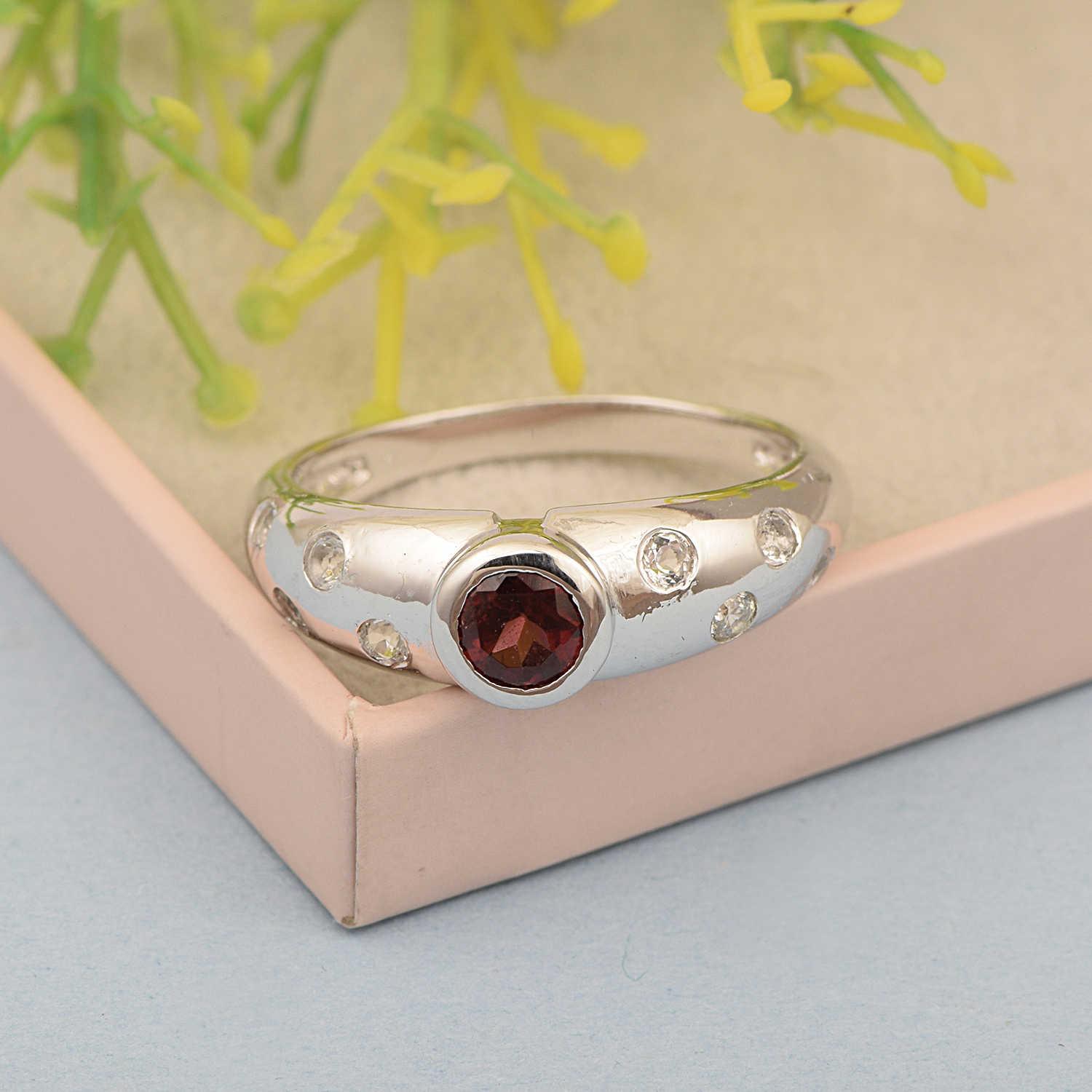 thumbnail video image 2 of 5mm Round Shape Garnet Gemstone 925 Sterling Silver Women Wedding Ring, 2 of 7