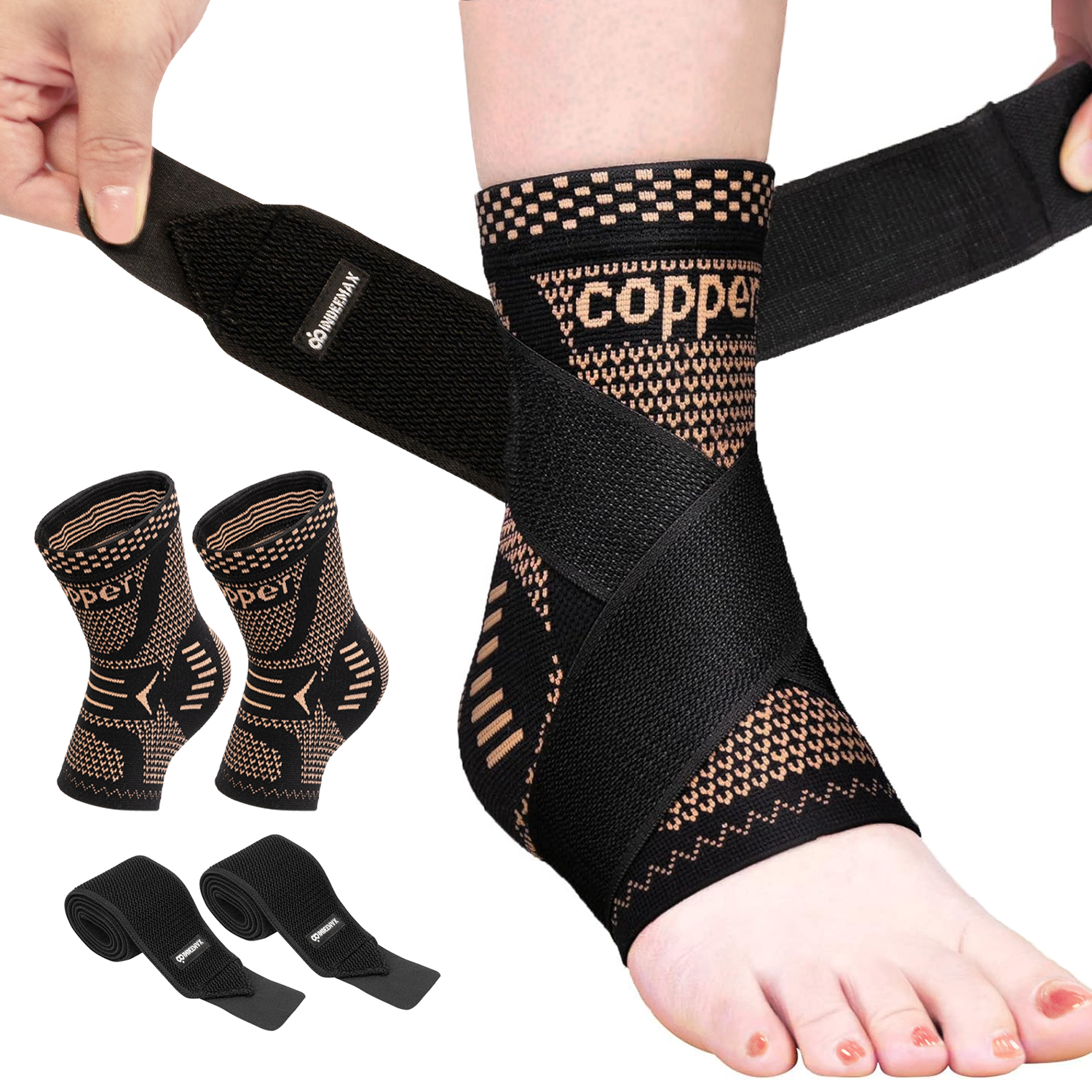 thumbnail video image 2 of INDEEMAX Ankle Brace for Women & Men, Ankle Compression Sleeve Support Copper Infused Ankle Brace for Sprained Ankle, Plantar Fasciitis Sports, Achilles Tendonitis Pain Relief, Copper Black, XL, 2 of 9