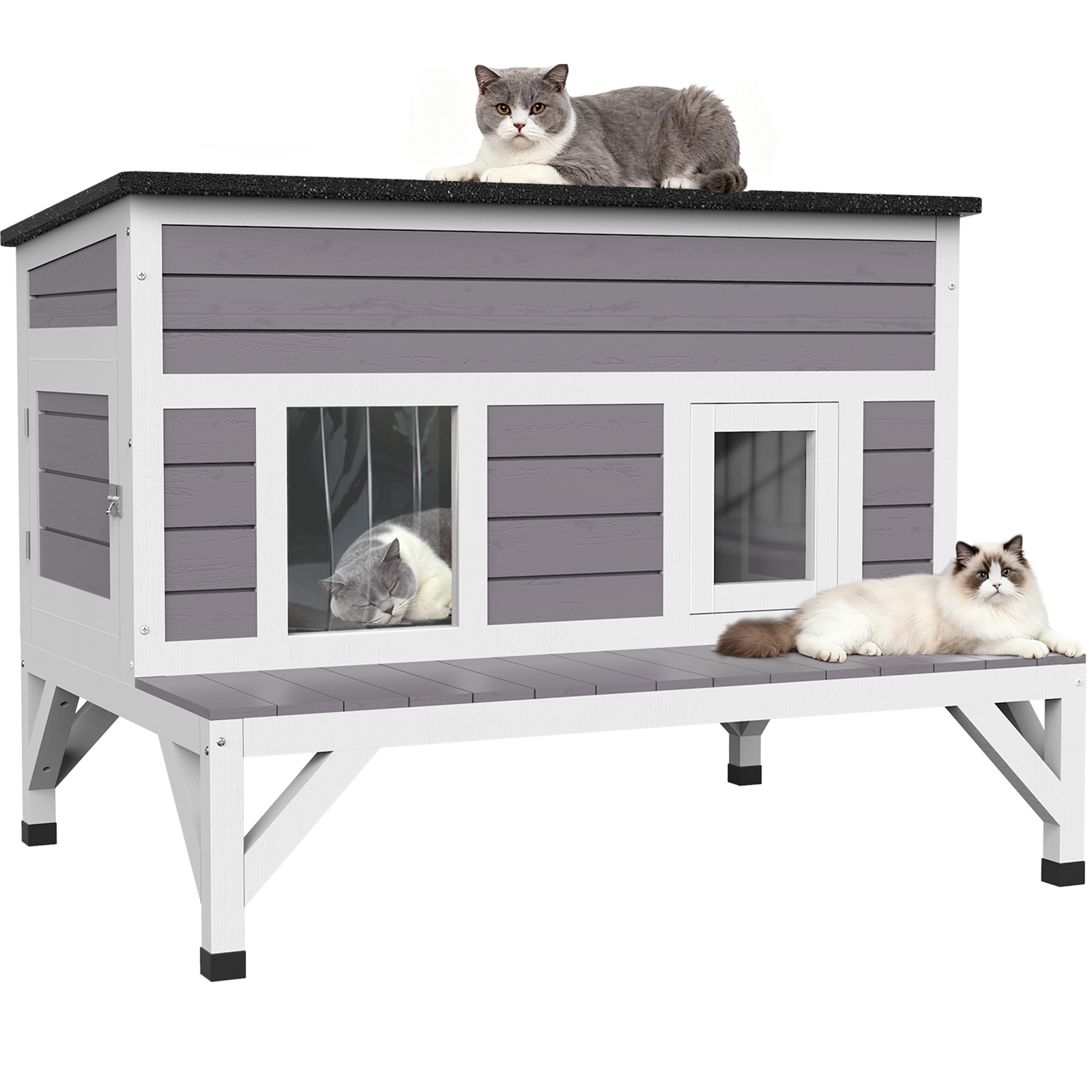 thumbnail video image 2 of HomeSheek 40.4" Outdoor Cat House with Insulated Liner, Weatherproof Shelter with Platform, Easy Assembly & Cleaning, Safe Indoor/Outdoor Home, 2 of 9