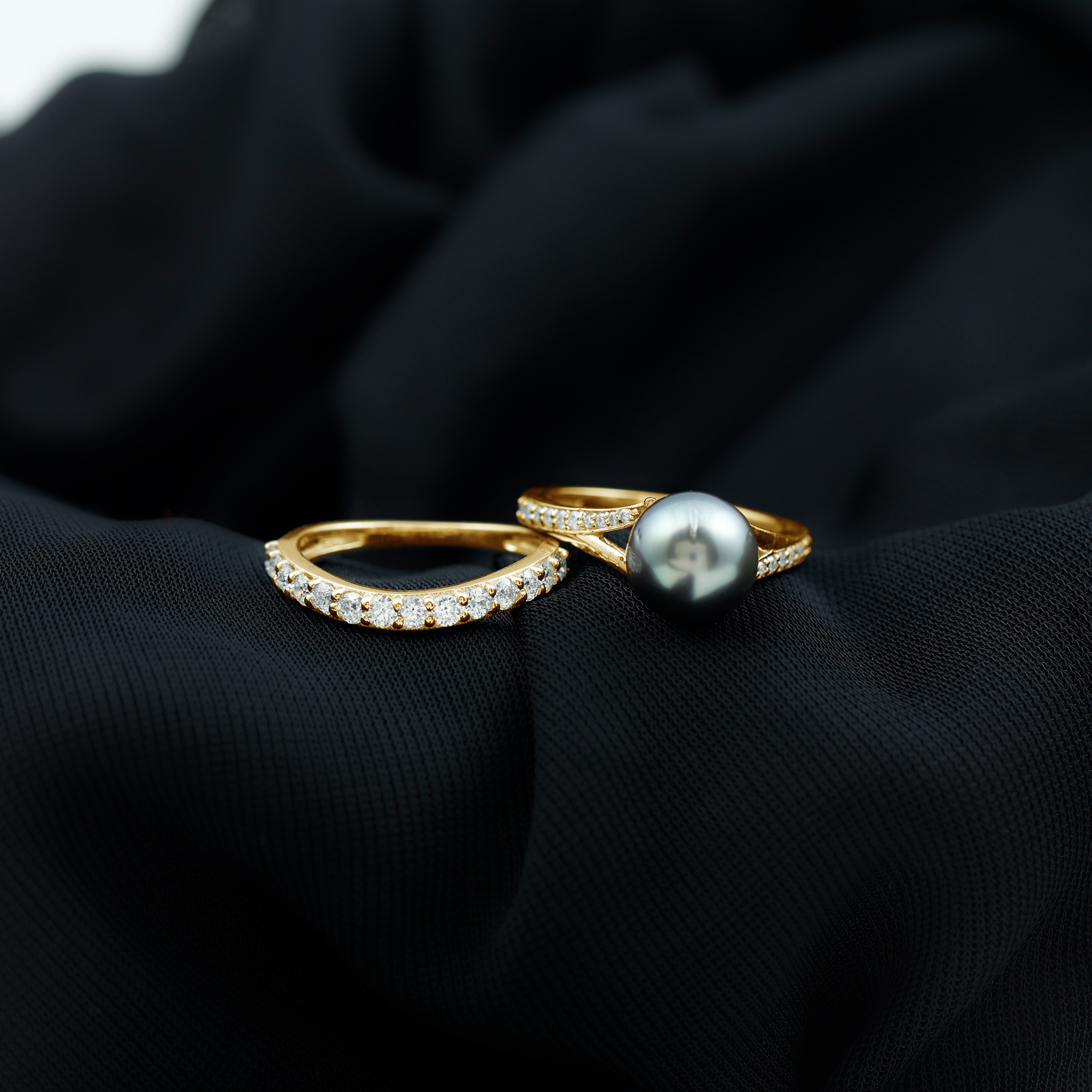 thumbnail video image 2 of Rosec Jewels Tahitian Pearl Wedding Bridal Ring Set of 2 - Black Pearl Engagement Ring with Enhancer - AAA Quality, 925 Sterling Silver, US 4.00, 2 of 9