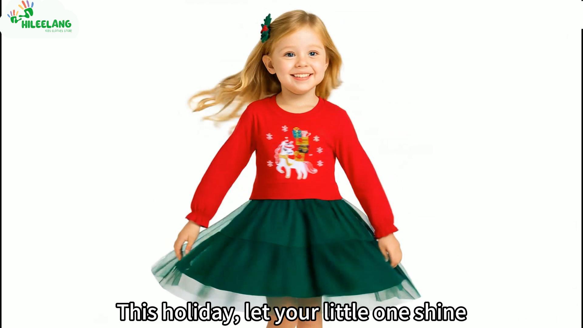 thumbnail video image 2 of HILEELANG Toddler Girls Christmas Long Sleeve Dress Cotton Casual Red Elk Embroidery Jersey Shirt Fall Winter Holiday Playwear Dresses 5T, 2 of 8